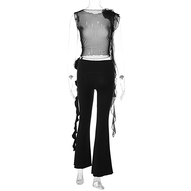 11663 Mesh See Through Sleeveless O Neck Tassel Crop Top Long Pants Floral Women'S Sets New Spring Summer American Clothing