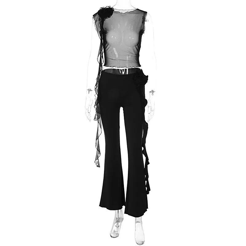 11663 Mesh See Through Sleeveless O Neck Tassel Crop Top Long Pants Floral Women'S Sets New Spring Summer American Clothing