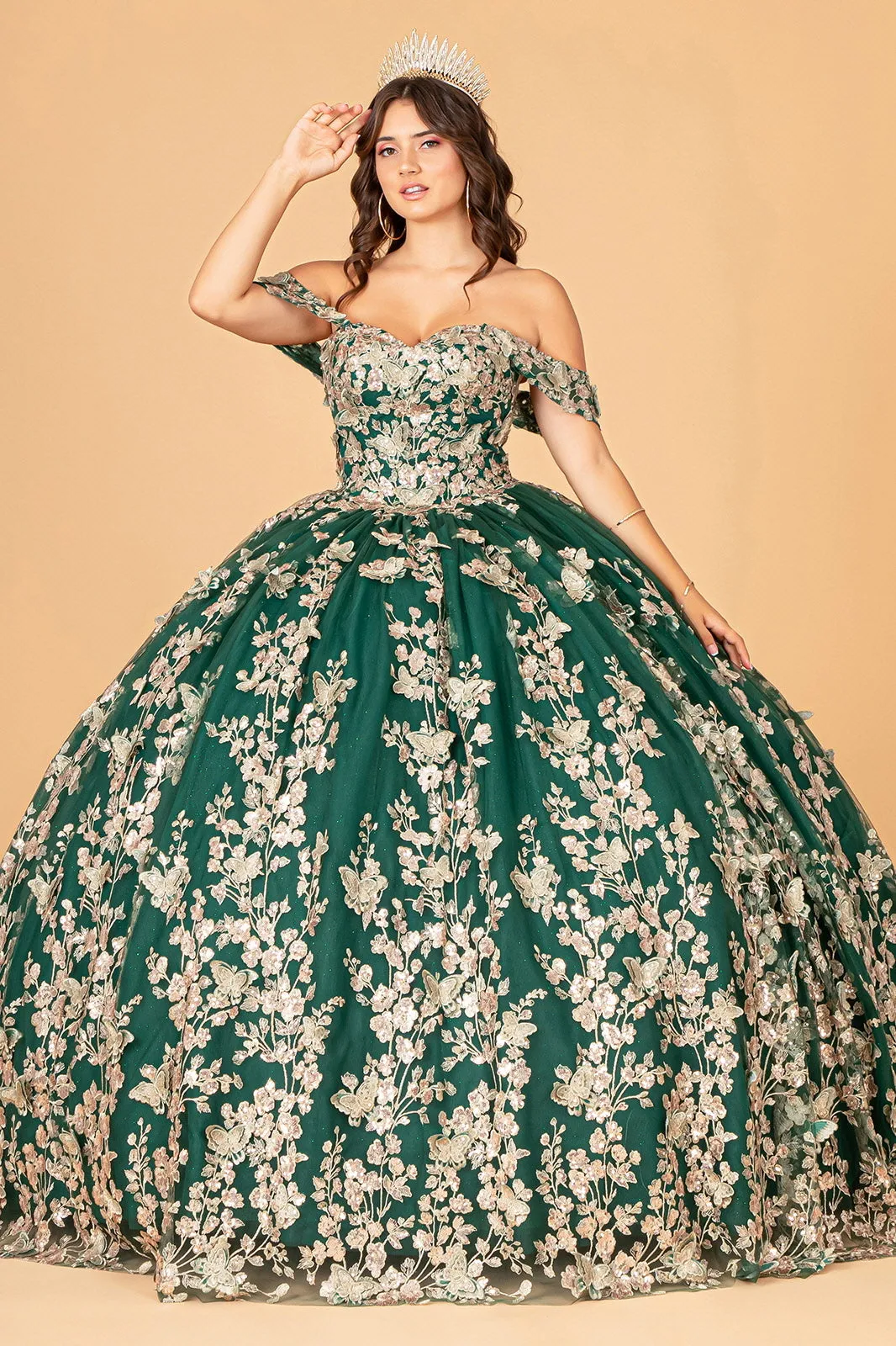 3D Butterfly Off Shoulder Ball Gown by Elizabeth K GL3077