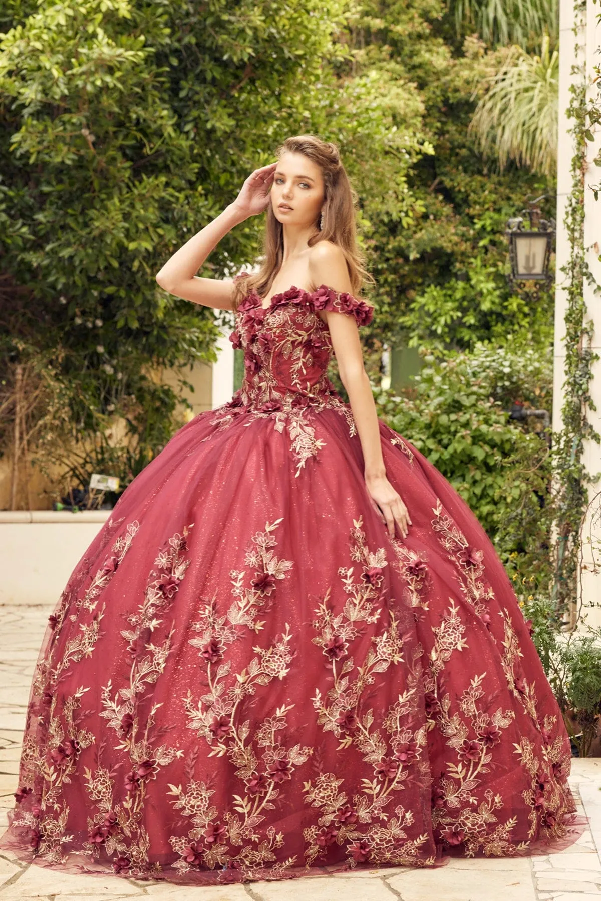 3D Floral Applique Off Shoulder Ball Gown by Juliet 1447