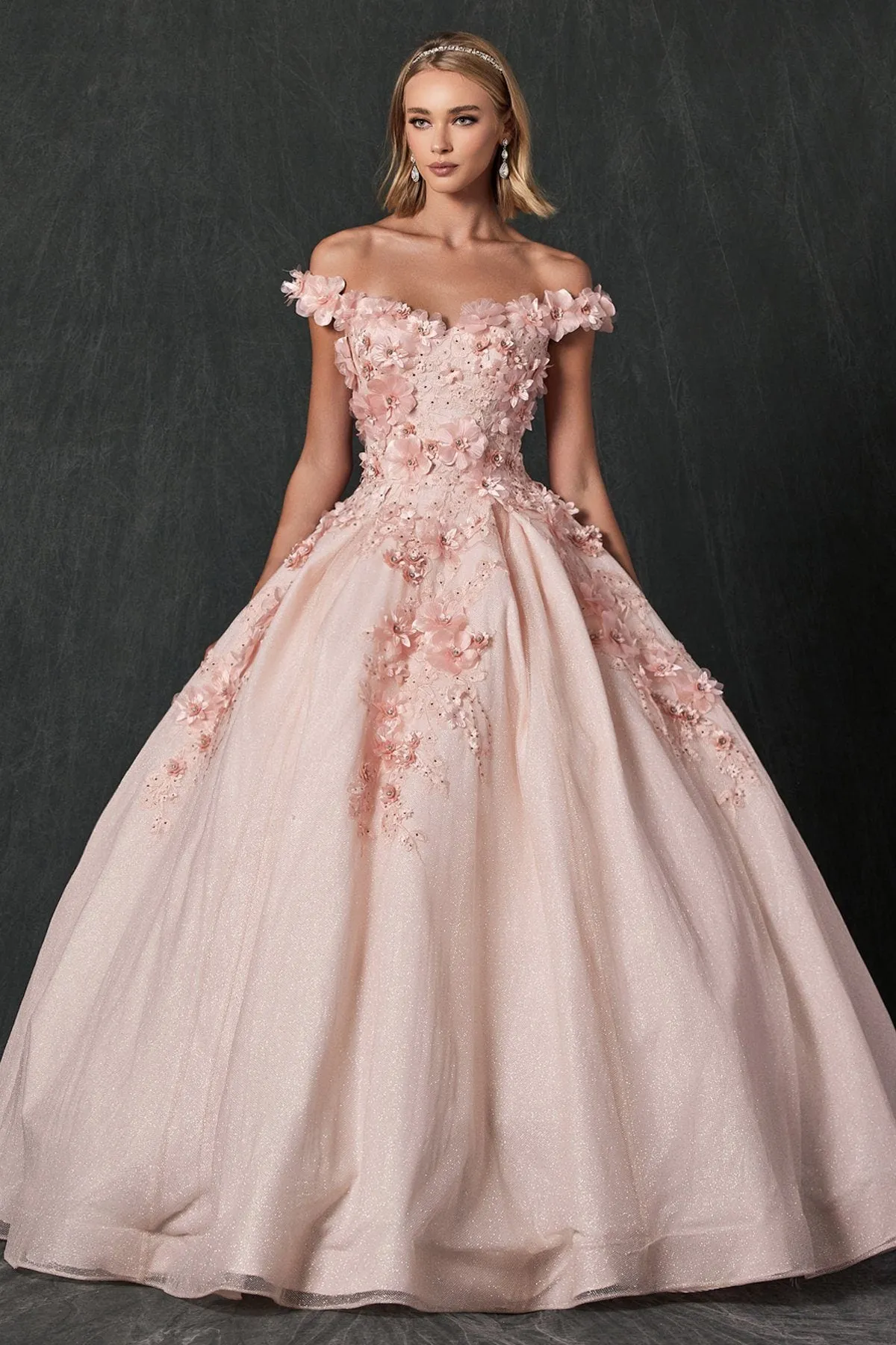 3D Floral Off Shoulder Glitter Ball Gown by Juliet 1433