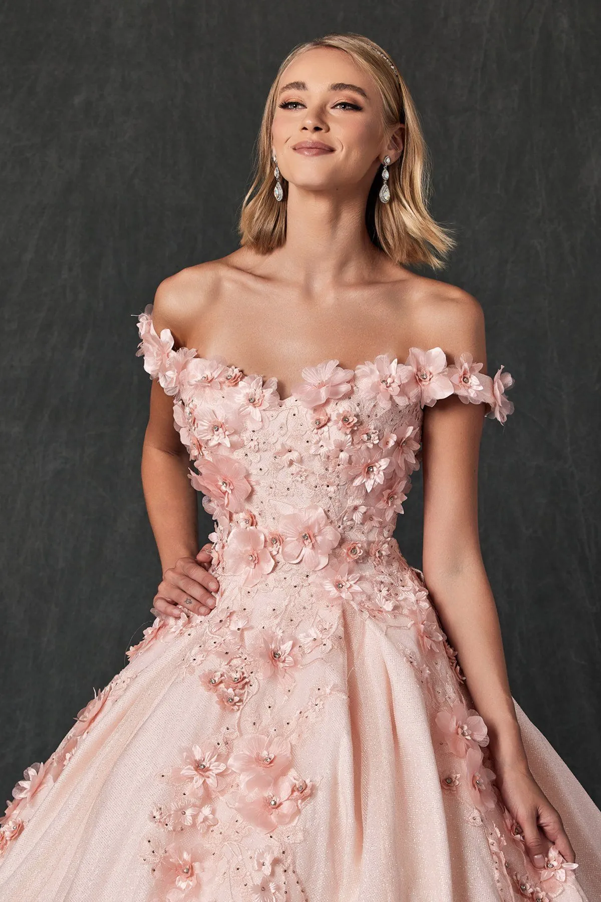 3D Floral Off Shoulder Glitter Ball Gown by Juliet 1433