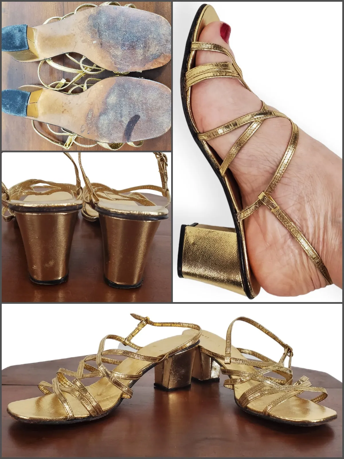 60s Sandals in Strappy Gold Leather - size 7