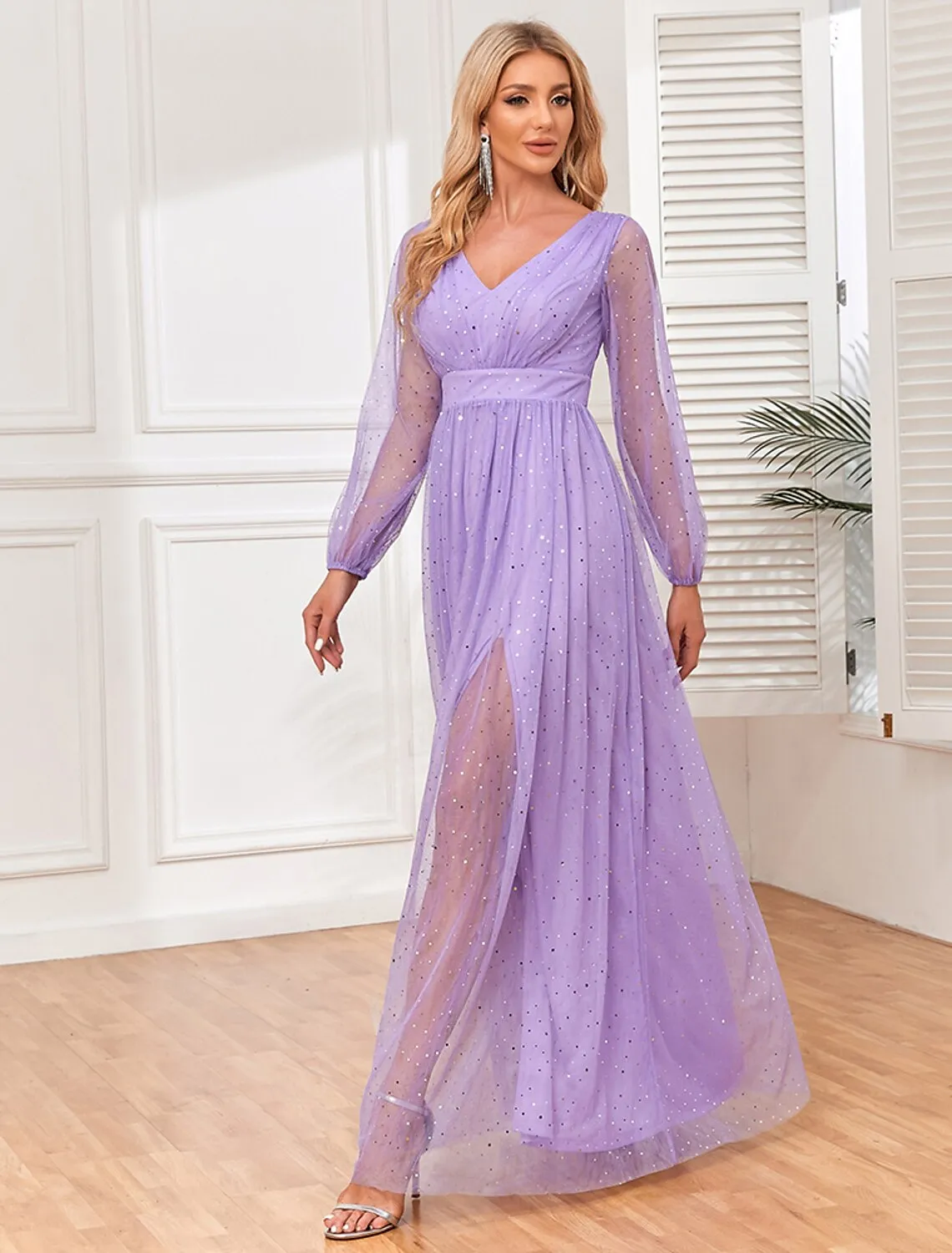 A-Line Evening Gown Empire Dress Wedding Evening Party Floor Length Sleeveless V Neck Tulle V Back with Glitter