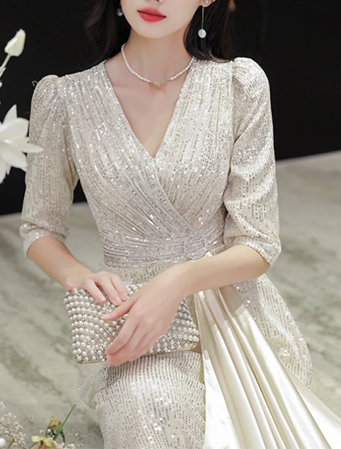 A-Line Evening Gown Sparkle & Shine Dress Wedding Guest Prom Floor Length Half Sleeve V Neck Sequined with Glitter Fringe Tassel