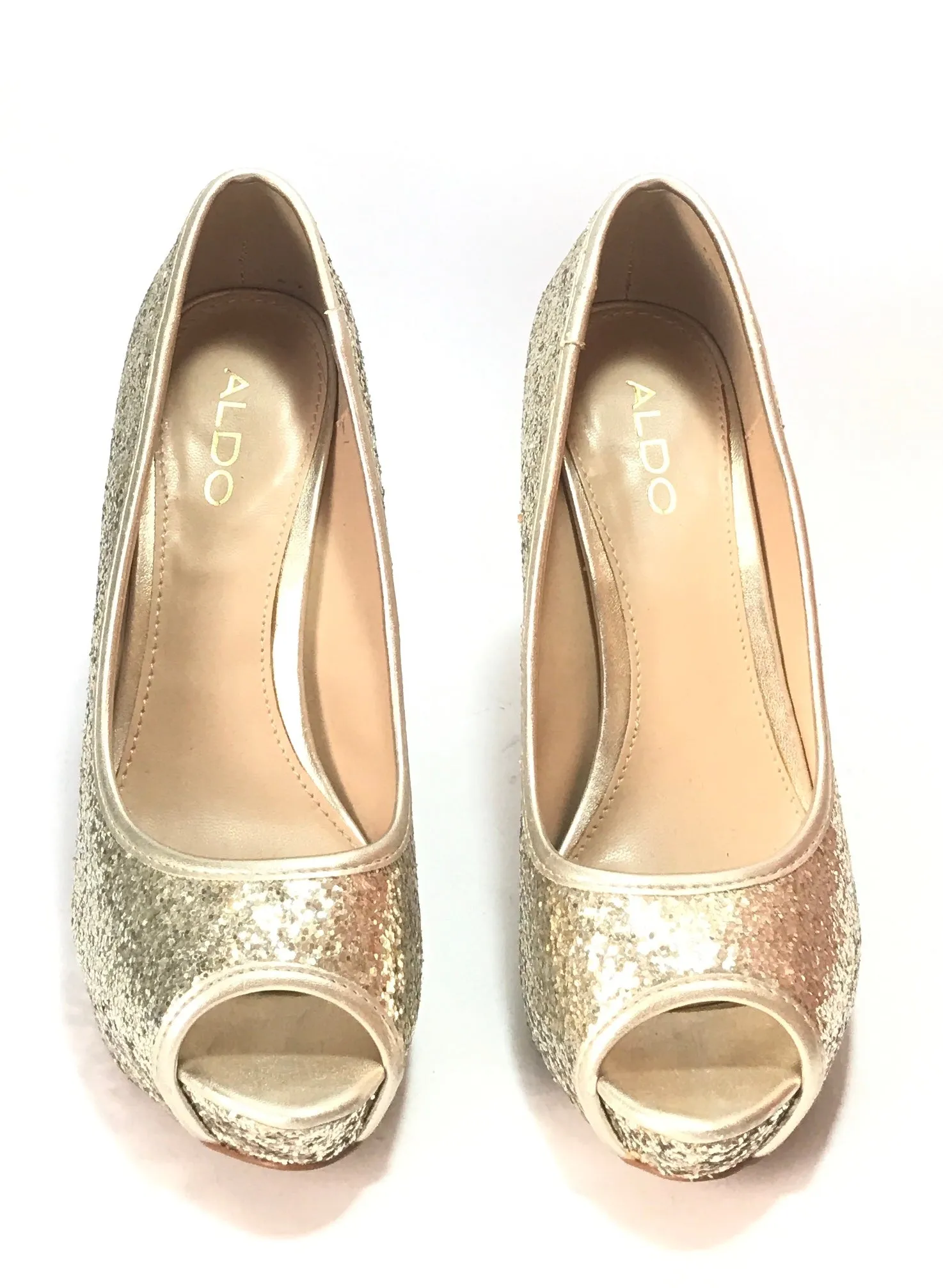 ALDO Gold Glitter Peep Toe Platform Heels | Like New |