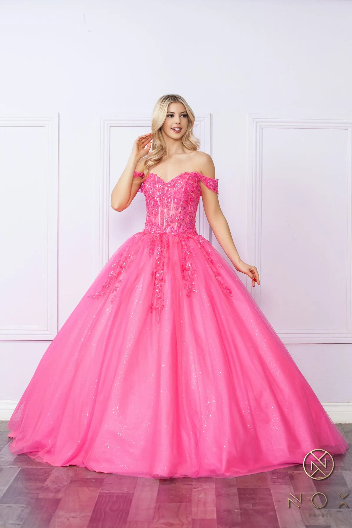 Applique Off Shoulder Corset Ball Gown by Nox Anabel H1349