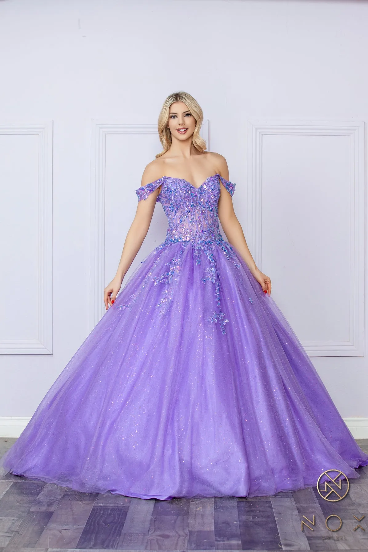 Applique Off Shoulder Corset Ball Gown by Nox Anabel H1349