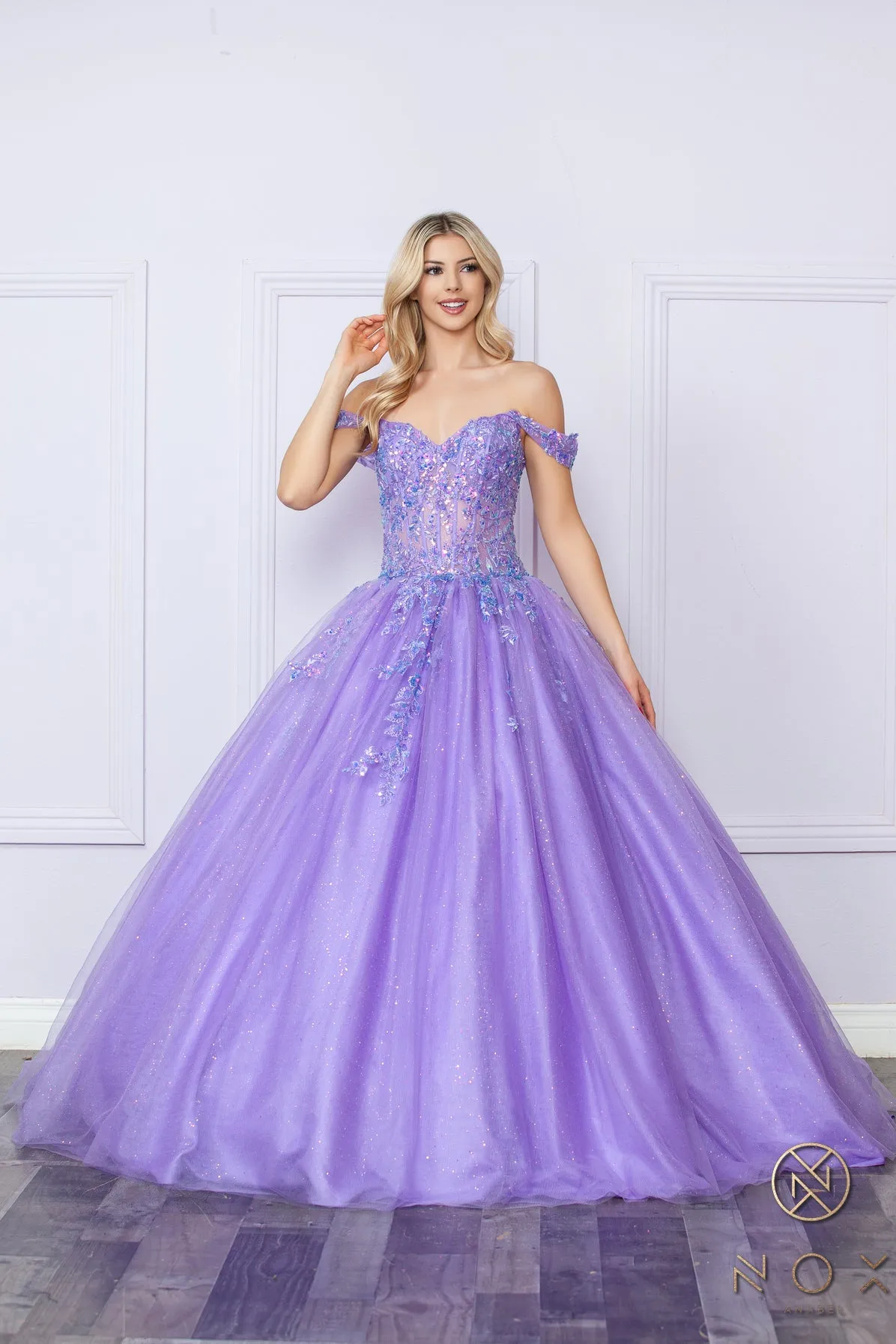 Applique Off Shoulder Corset Ball Gown by Nox Anabel H1349