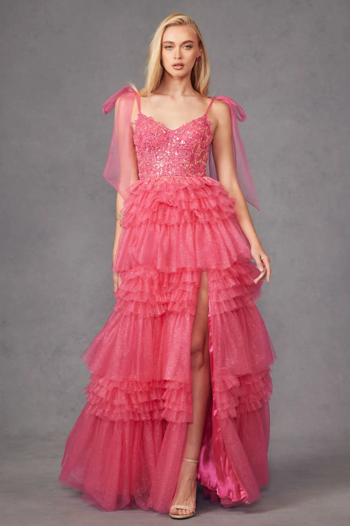 Applique Sleeveless A-line Ruffled Slit Gown by Juliet JT2465A