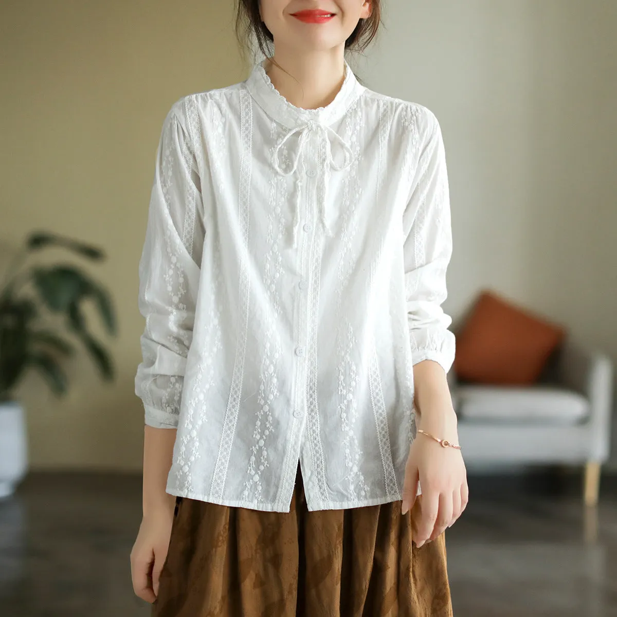 Autumn Retro Lace Embroidery Loose Cotton Blouse