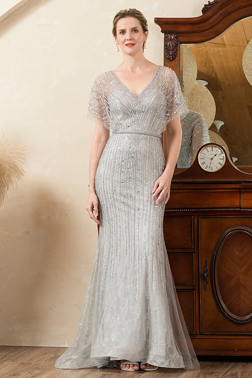 Beading V-neck Glitter Mermaid Mother of Bride Dress