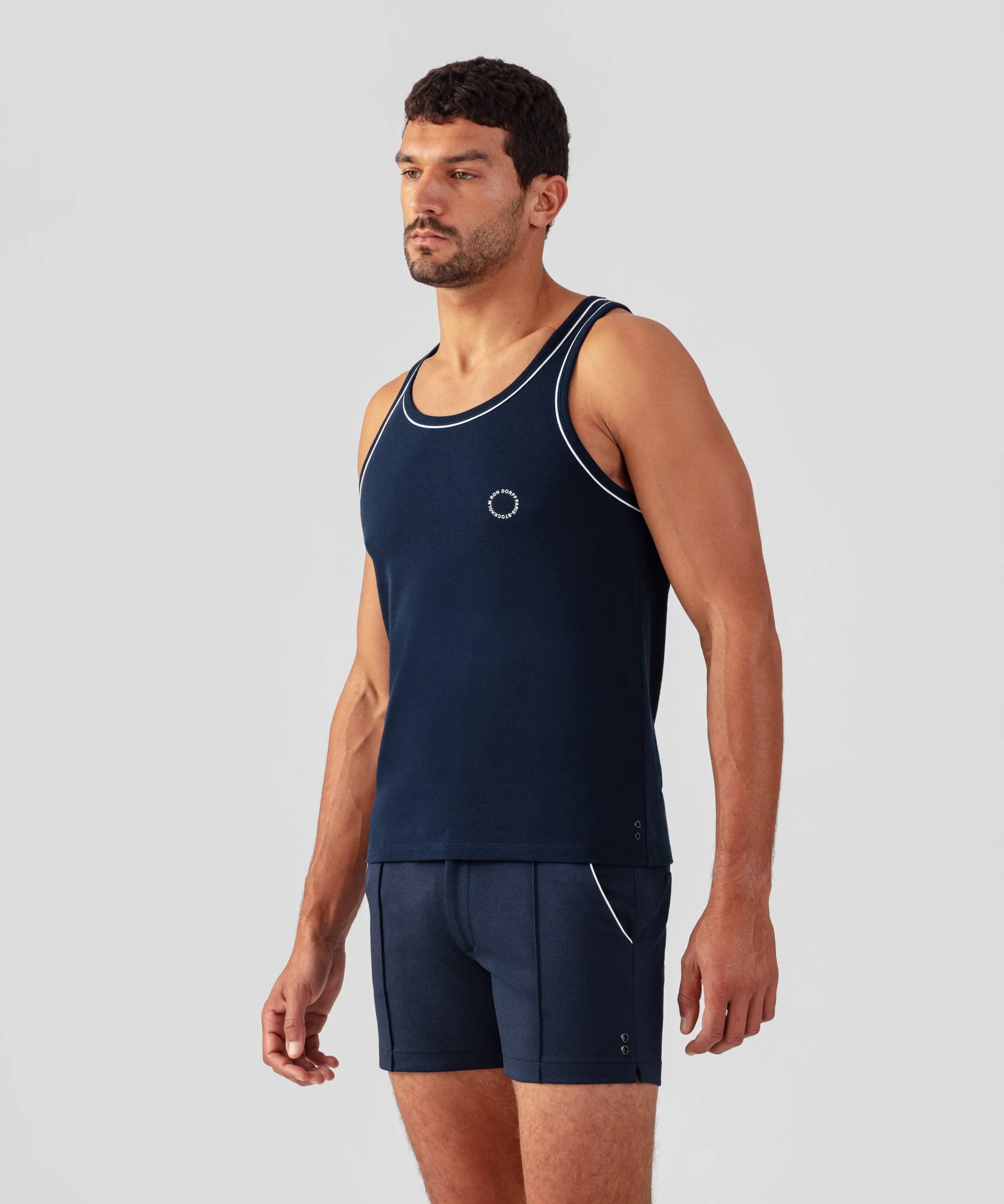 Cotton Piqué Tank Top w. Piping: Navy