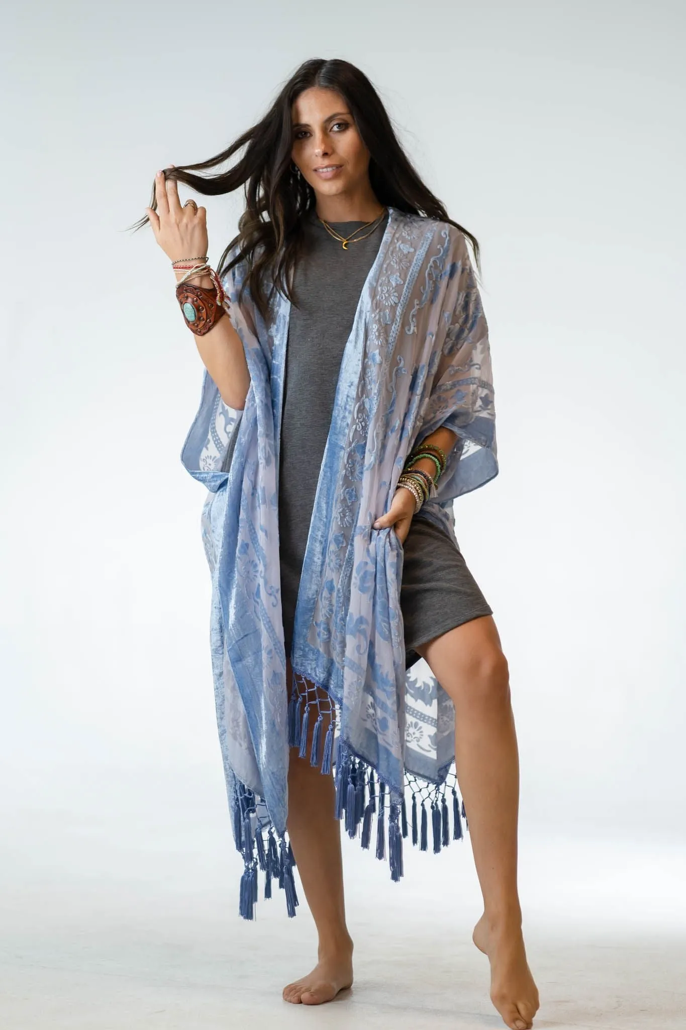 Crushin' On You Velvet Kimono - Light Blue