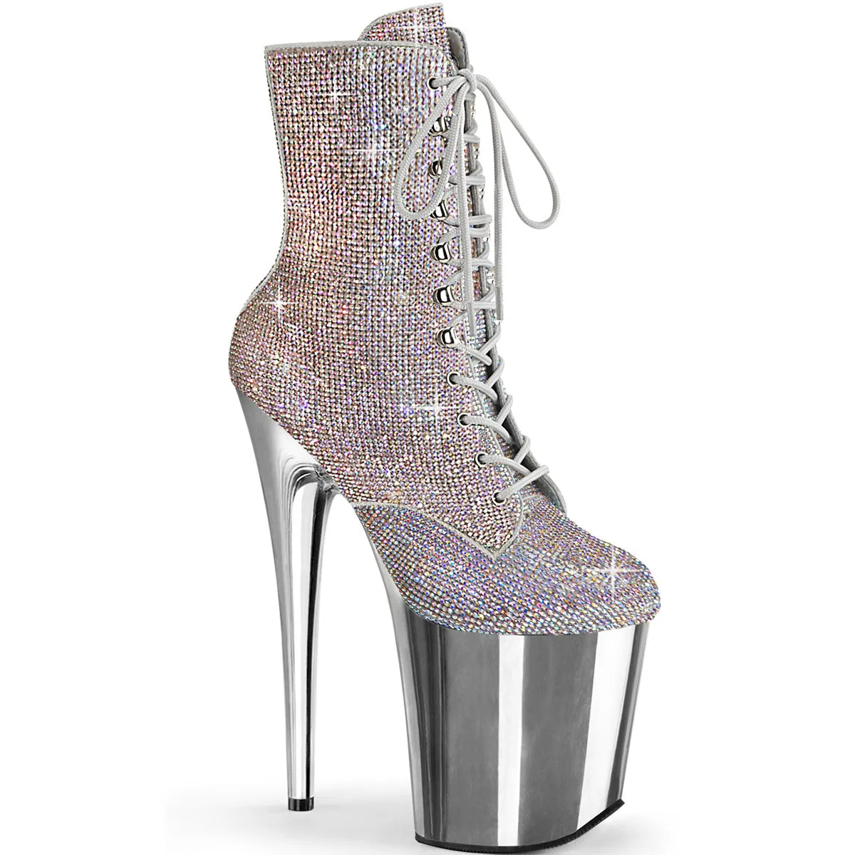 FLAMINGO-1020CHRS Pleaser Shoes Silver Rhinestone Stripper Boot