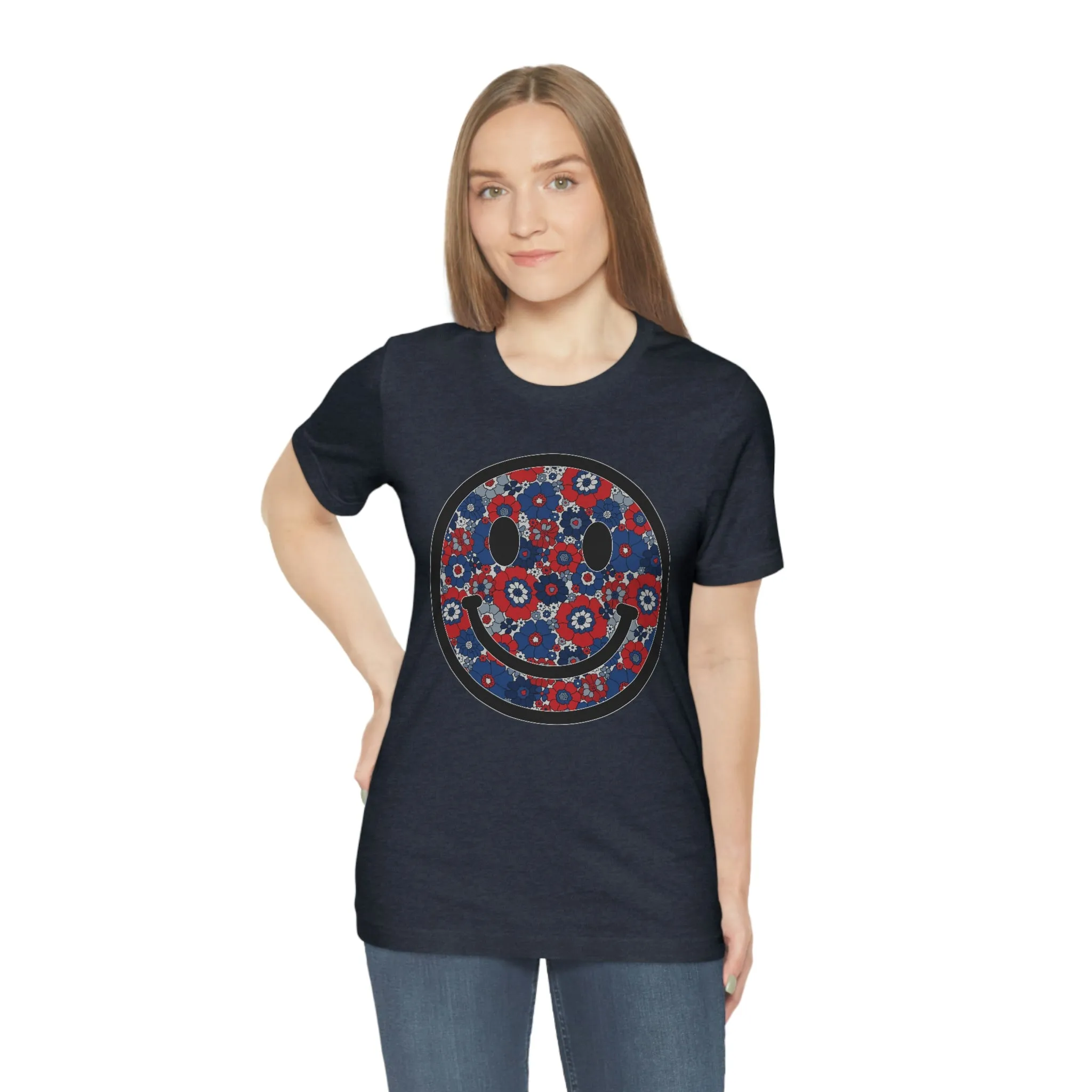 Fourth Of July Red White And Blue Floral Smiley Tee - Unisex Shirt