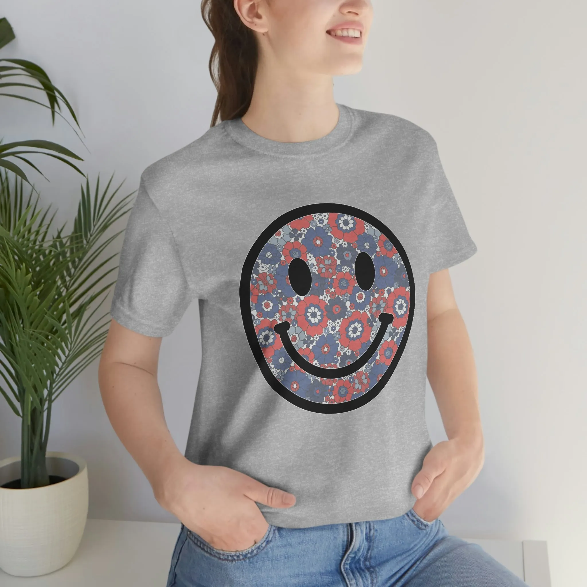 Fourth Of July Red White And Blue Floral Smiley Tee - Unisex Shirt