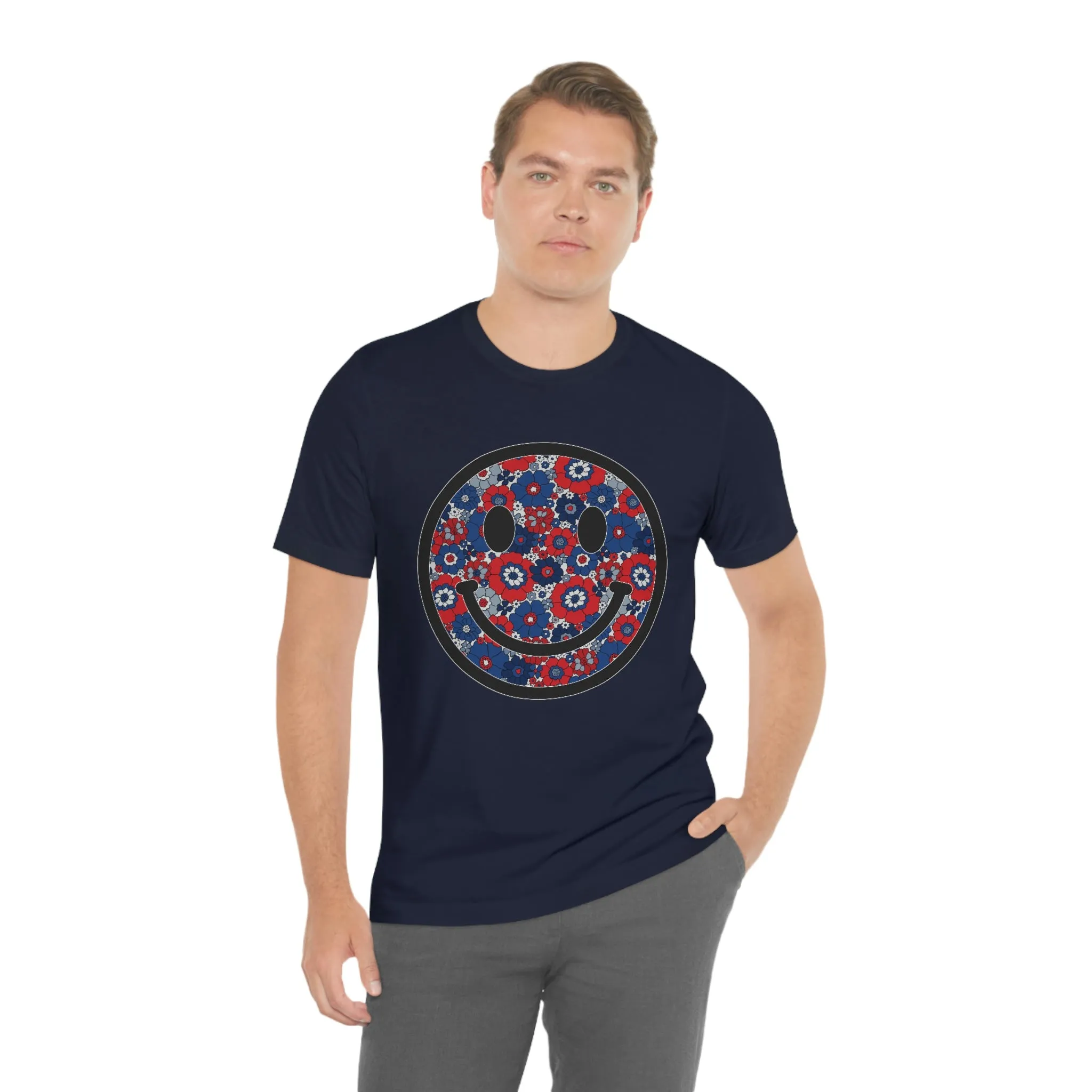 Fourth Of July Red White And Blue Floral Smiley Tee - Unisex Shirt