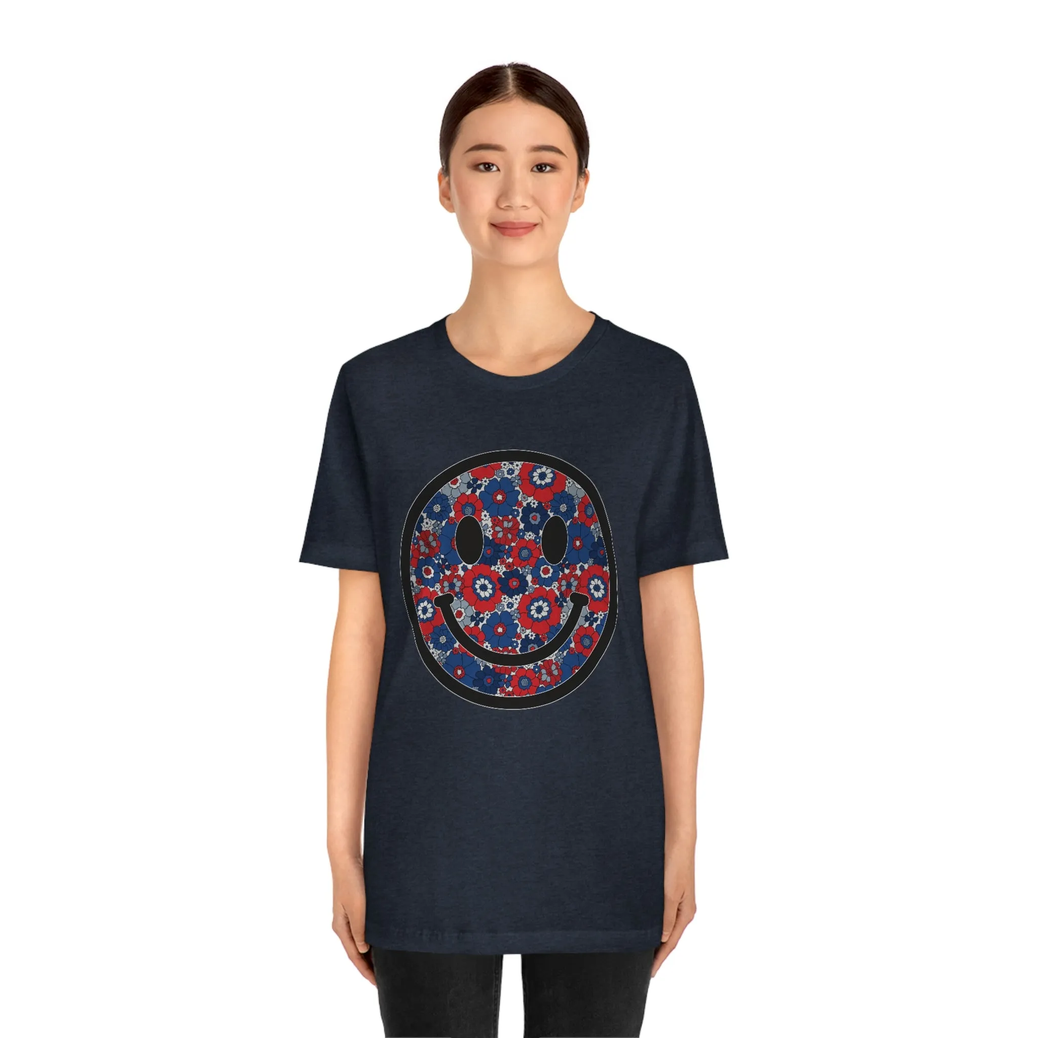 Fourth Of July Red White And Blue Floral Smiley Tee - Unisex Shirt