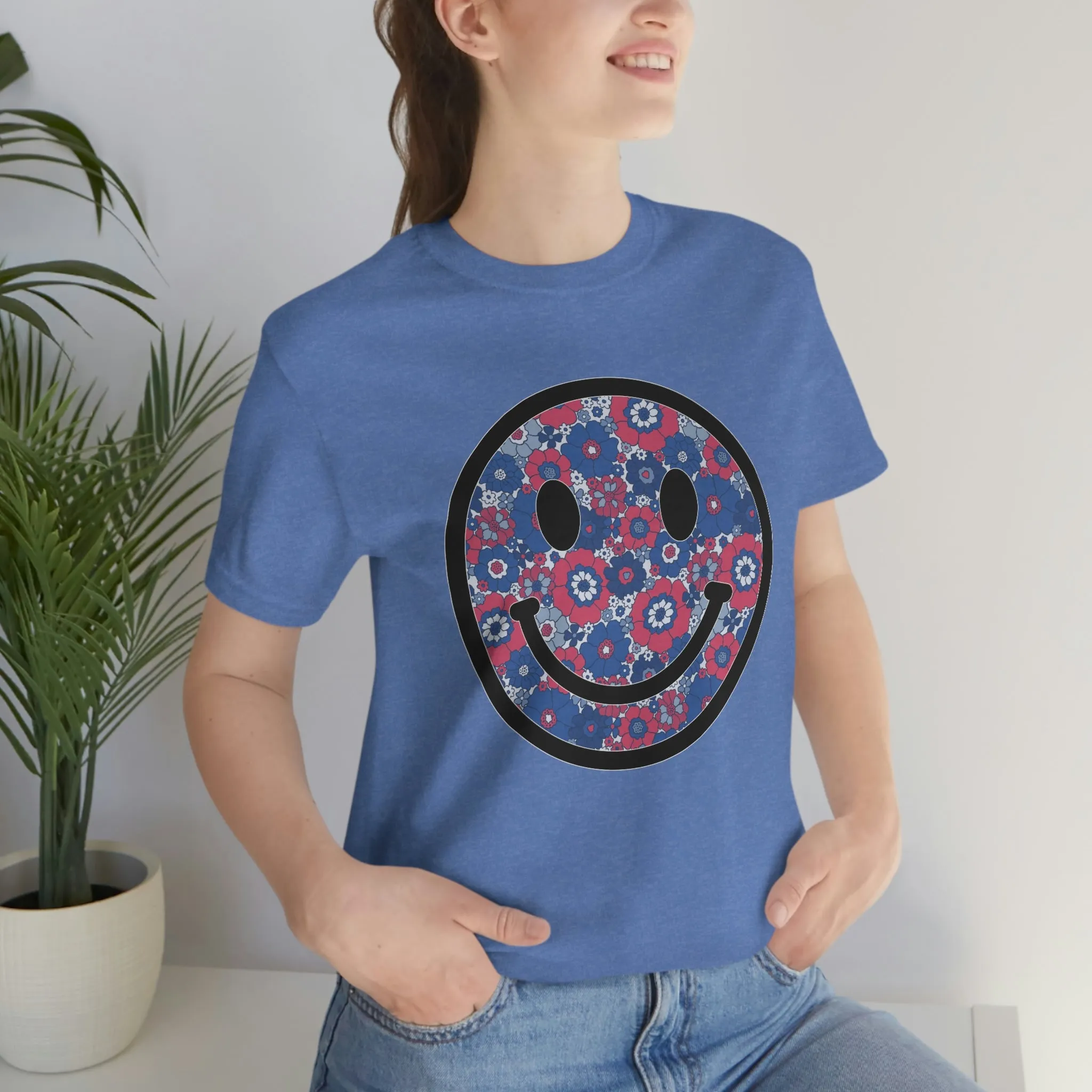 Fourth Of July Red White And Blue Floral Smiley Tee - Unisex Shirt