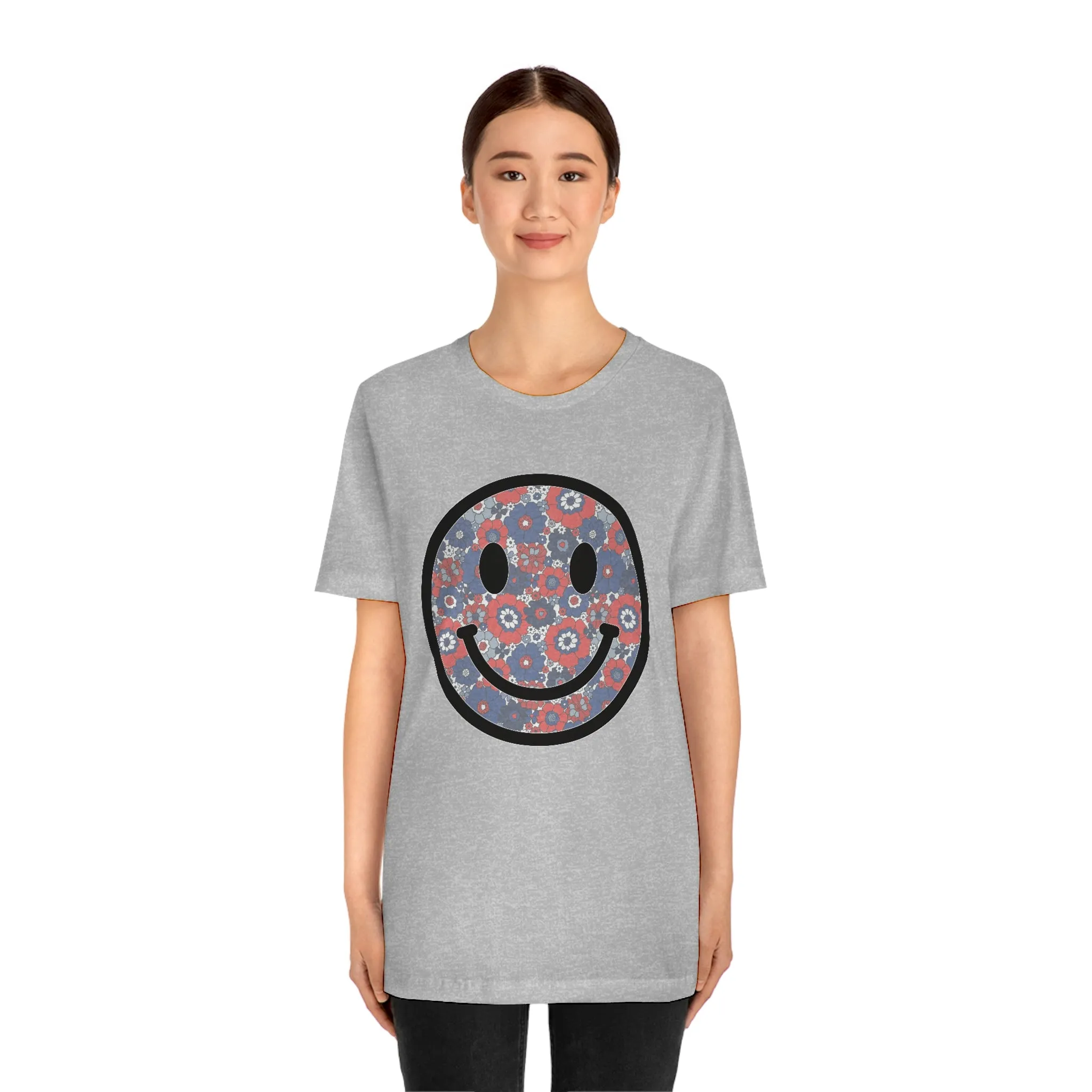 Fourth Of July Red White And Blue Floral Smiley Tee - Unisex Shirt