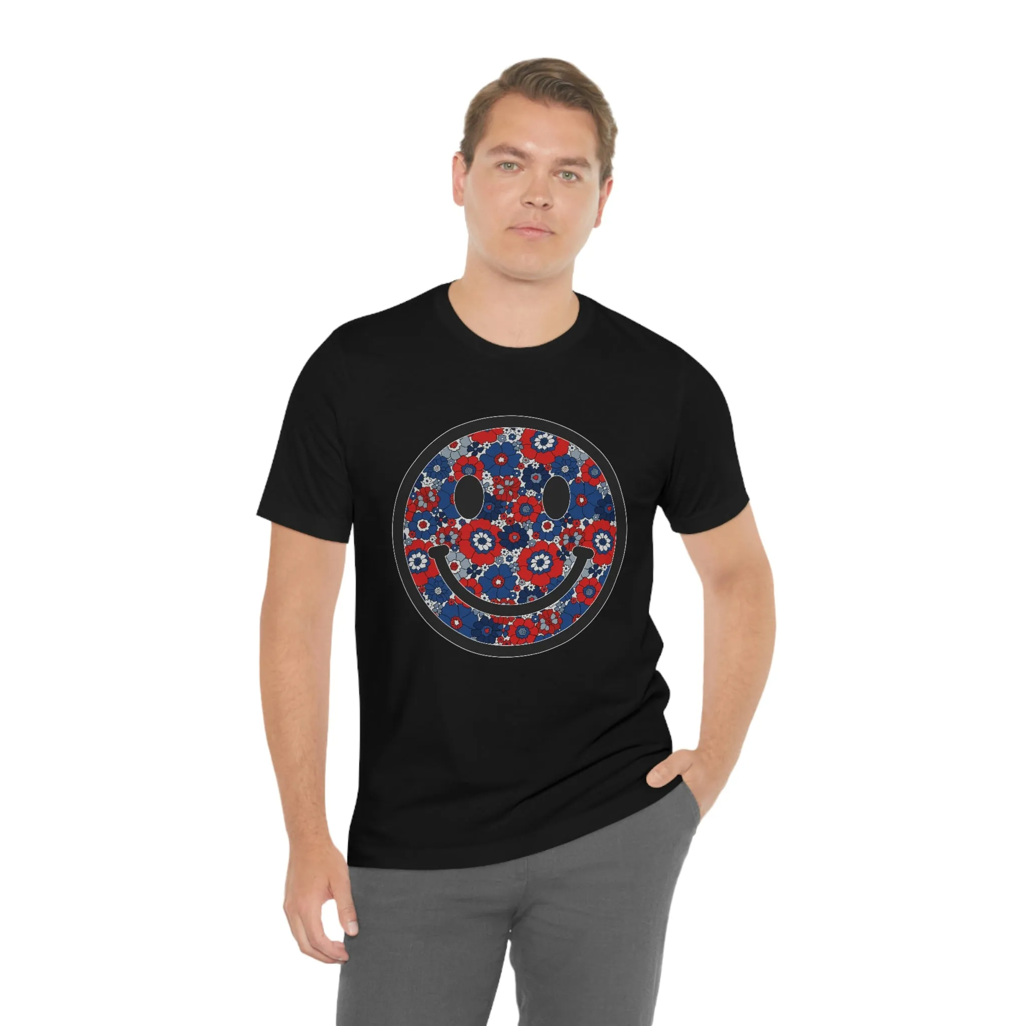 Fourth Of July Red White And Blue Floral Smiley Tee - Unisex Shirt