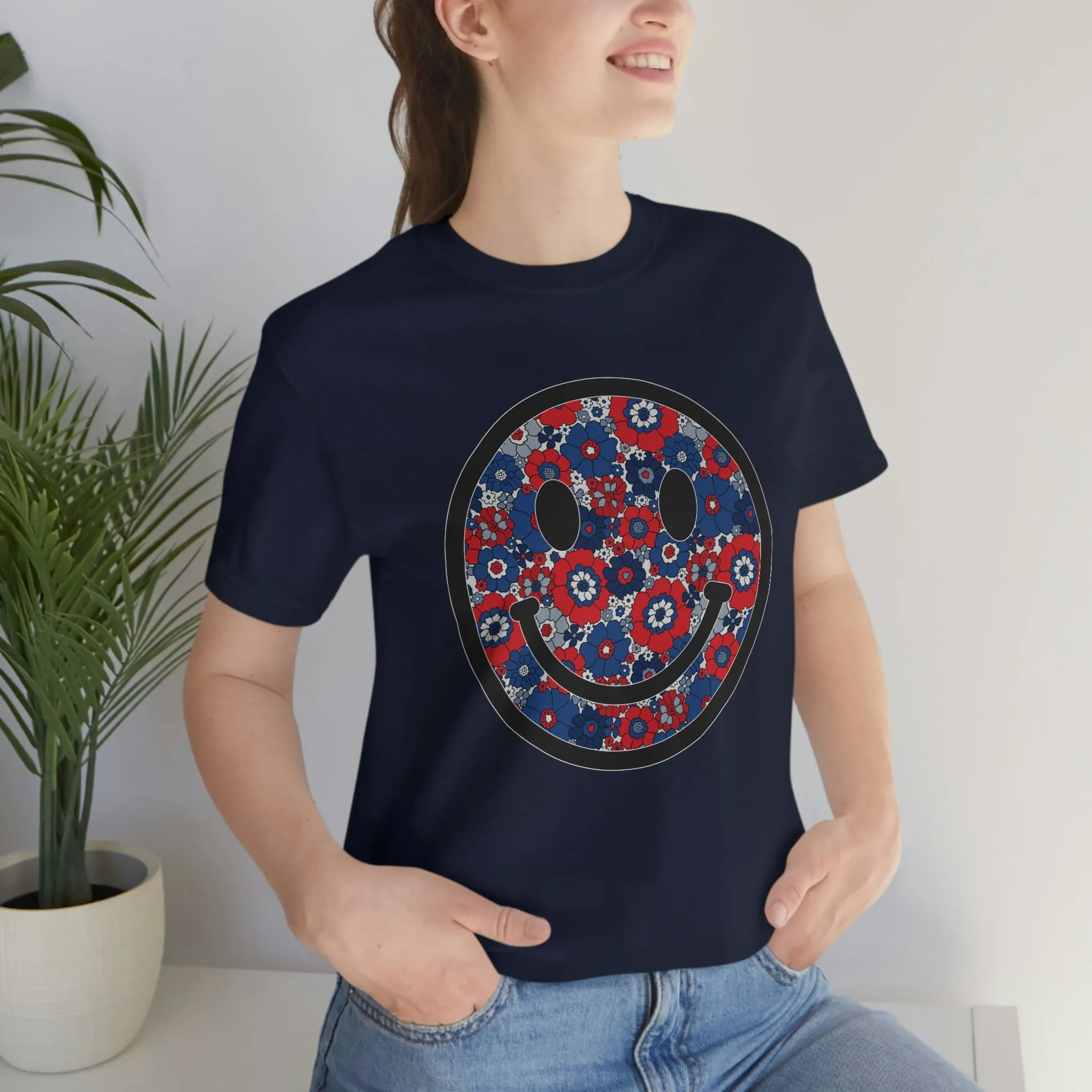 Fourth Of July Red White And Blue Floral Smiley Tee - Unisex Shirt