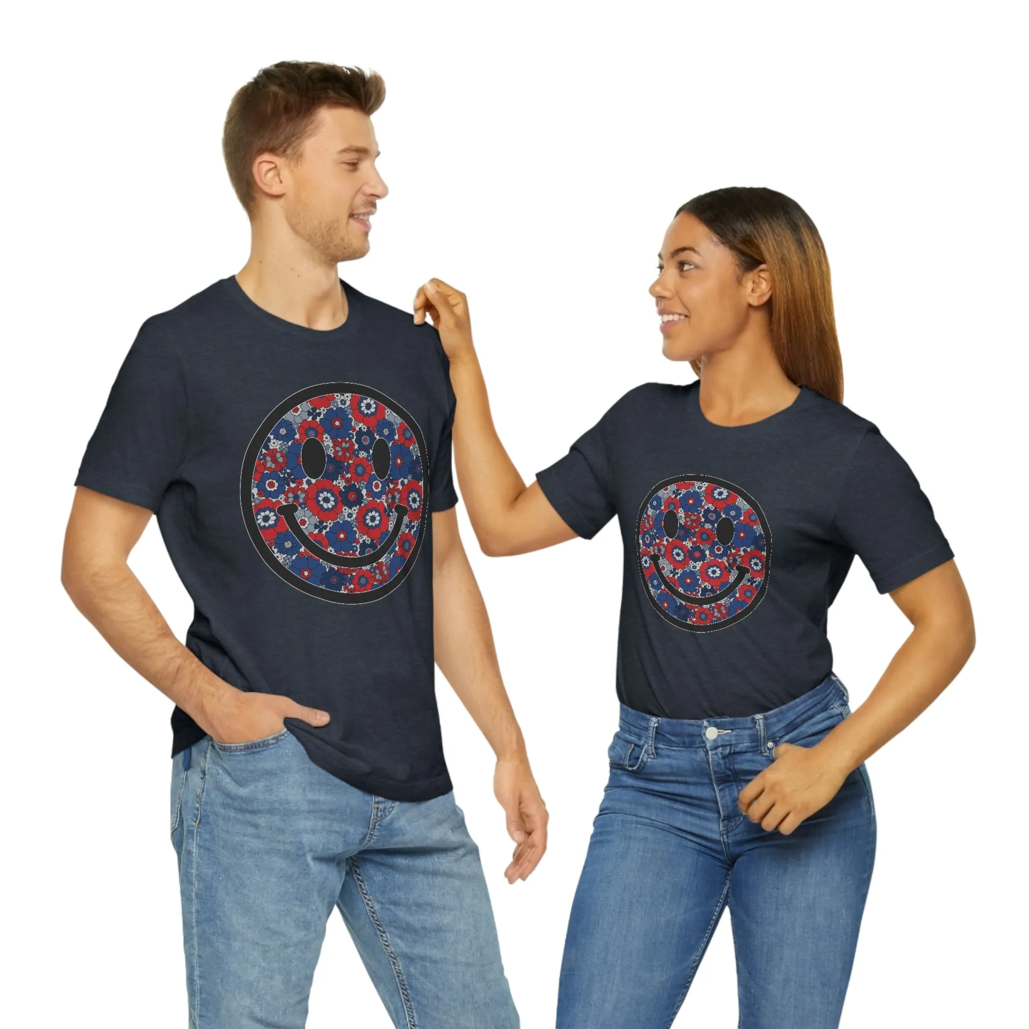 Fourth Of July Red White And Blue Floral Smiley Tee - Unisex Shirt