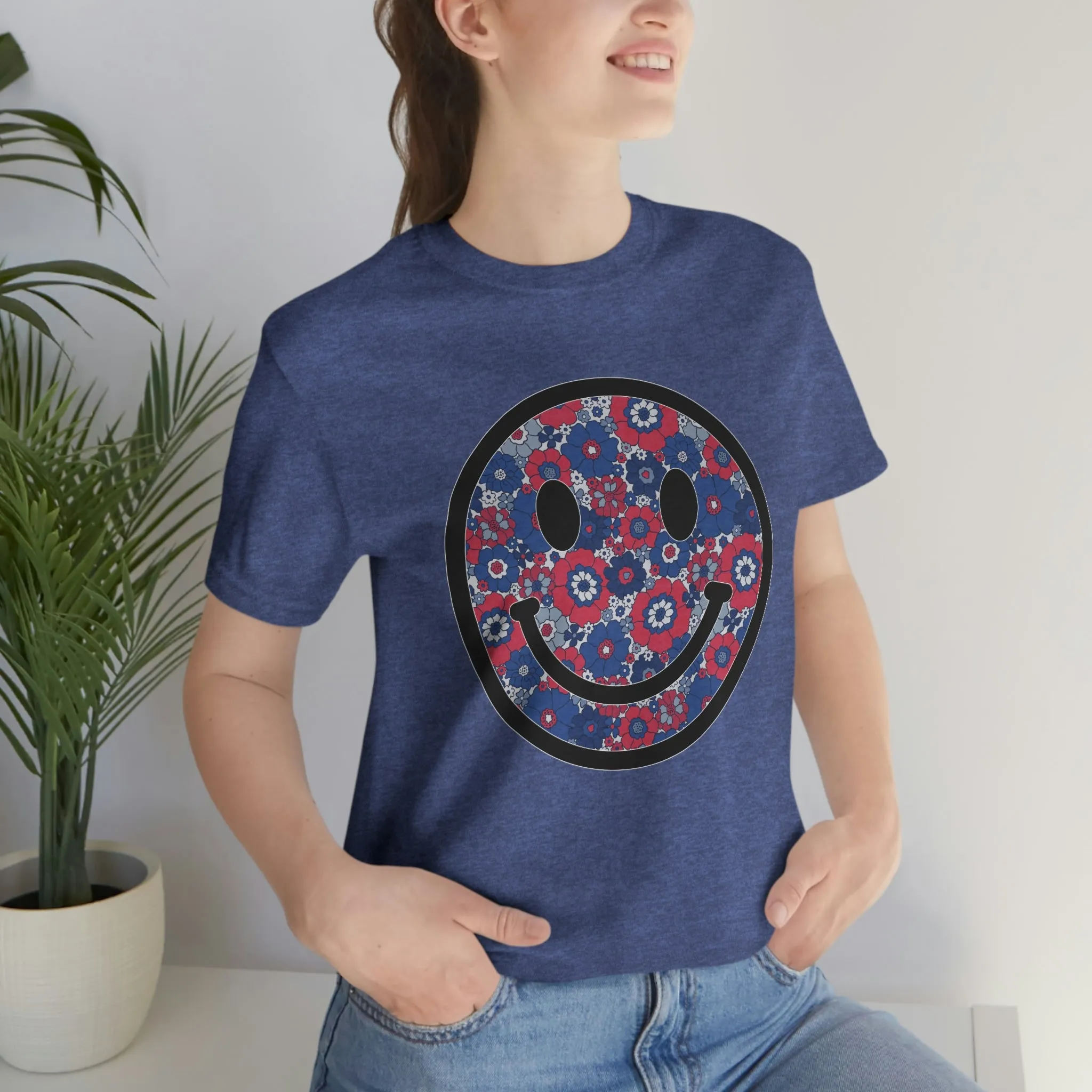 Fourth Of July Red White And Blue Floral Smiley Tee - Unisex Shirt