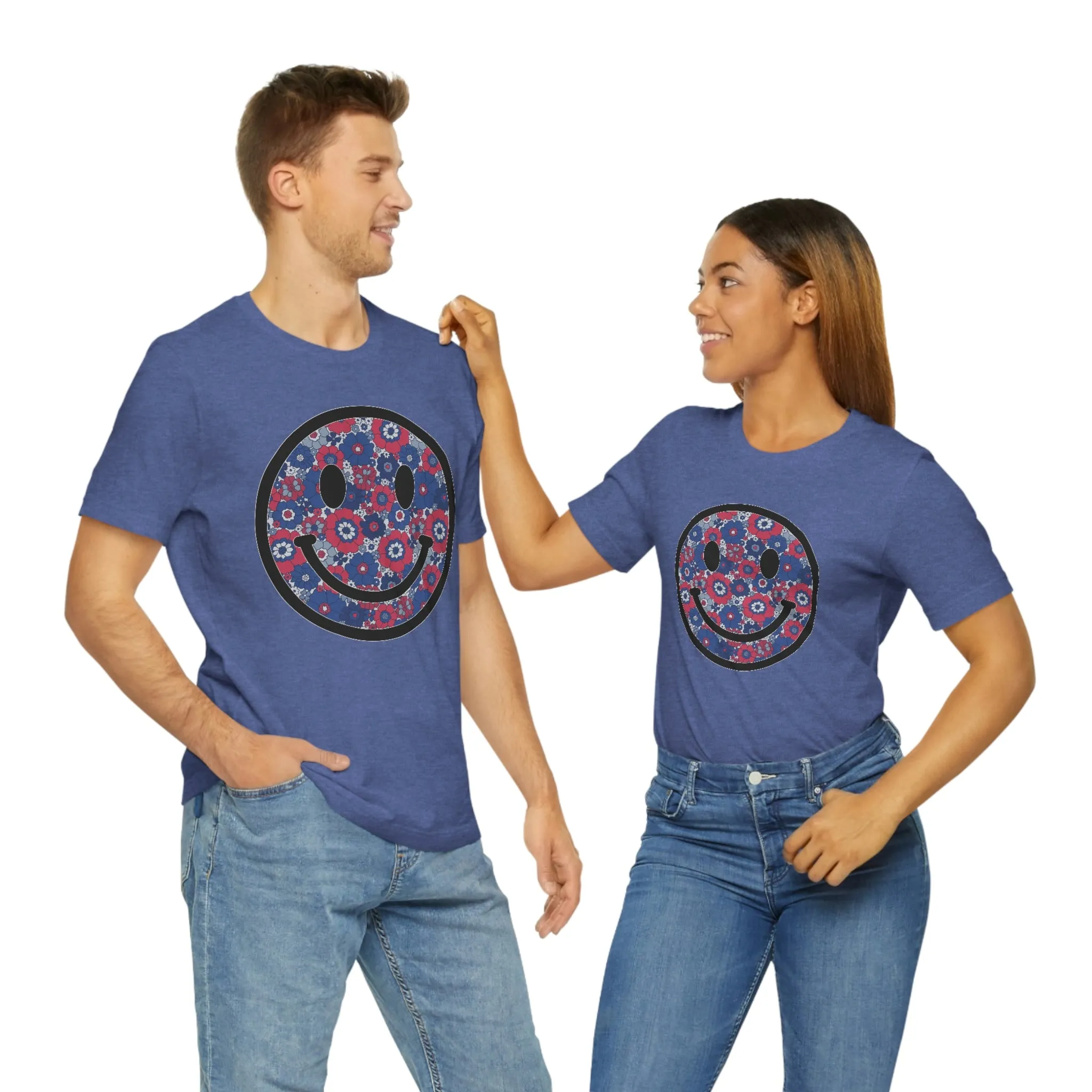 Fourth Of July Red White And Blue Floral Smiley Tee - Unisex Shirt