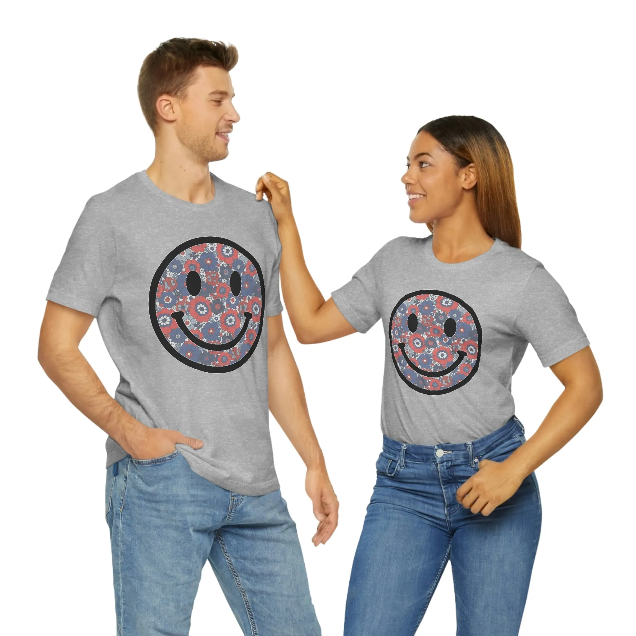 Fourth Of July Red White And Blue Floral Smiley Tee - Unisex Shirt