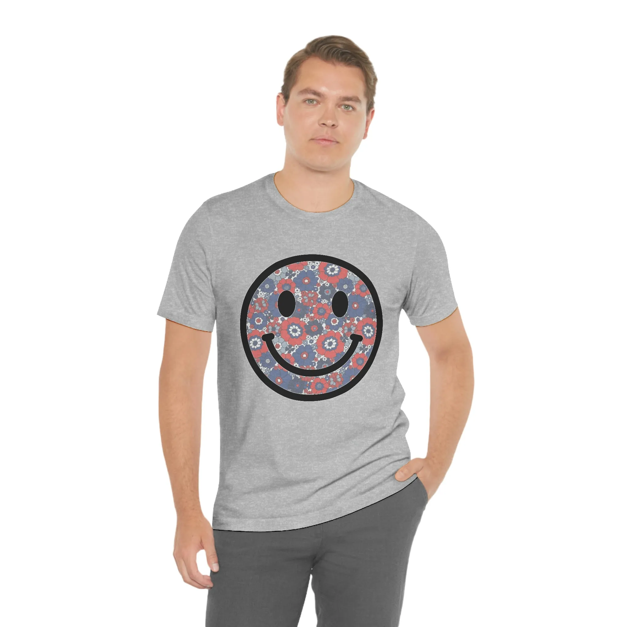 Fourth Of July Red White And Blue Floral Smiley Tee - Unisex Shirt