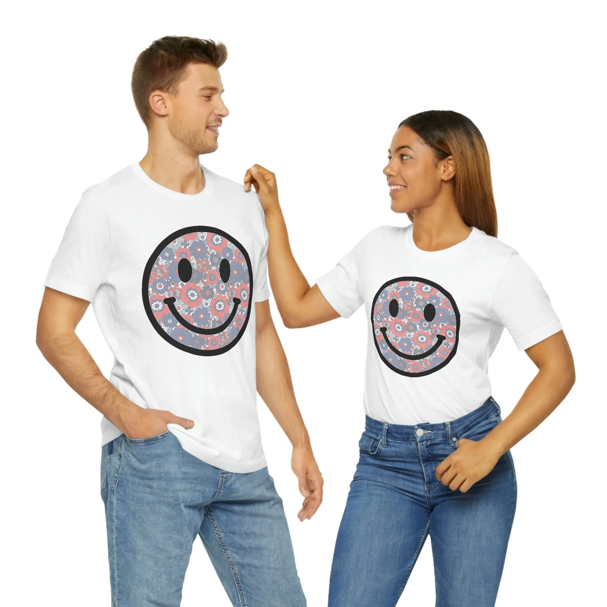 Fourth Of July Red White And Blue Floral Smiley Tee - Unisex Shirt