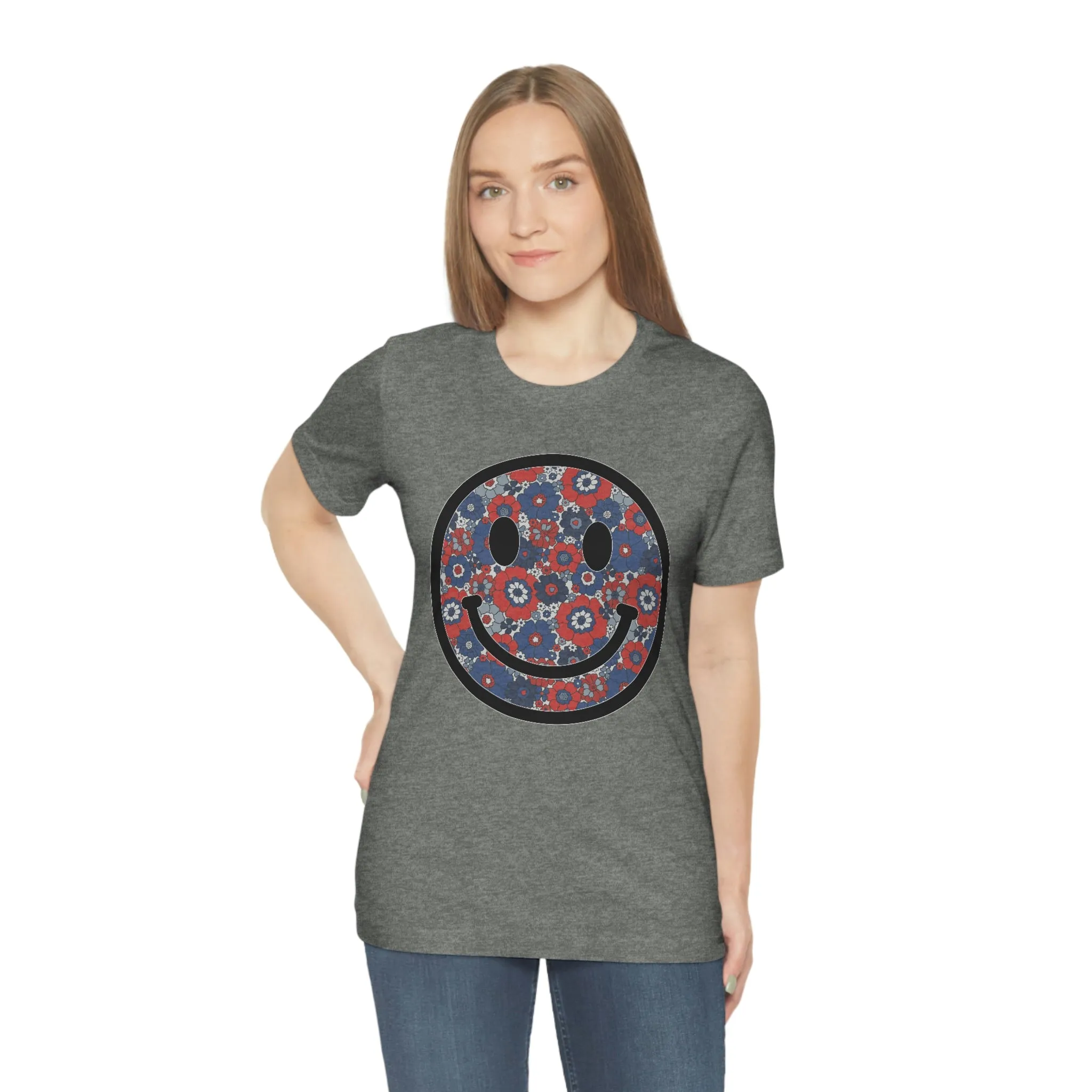 Fourth Of July Red White And Blue Floral Smiley Tee - Unisex Shirt