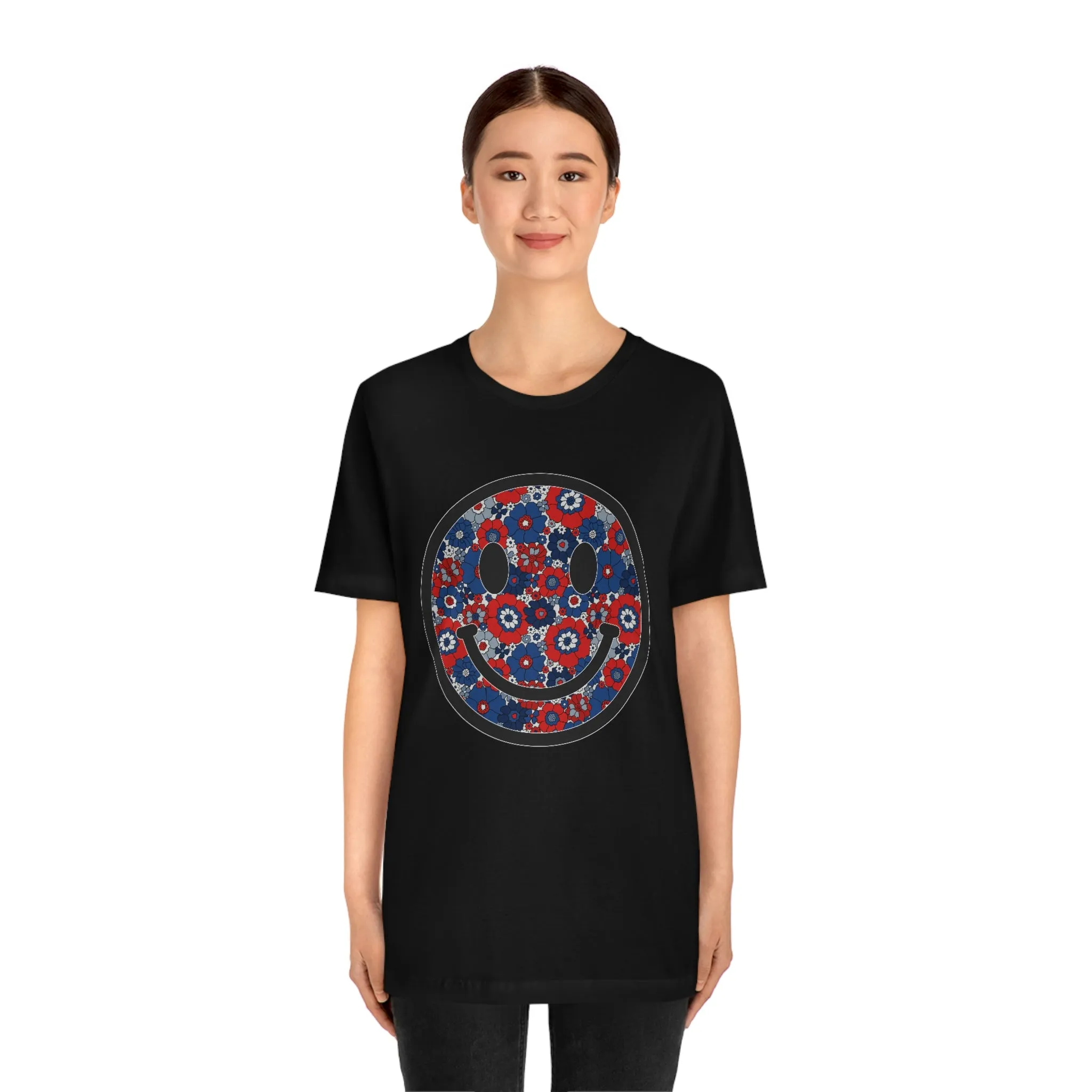 Fourth Of July Red White And Blue Floral Smiley Tee - Unisex Shirt