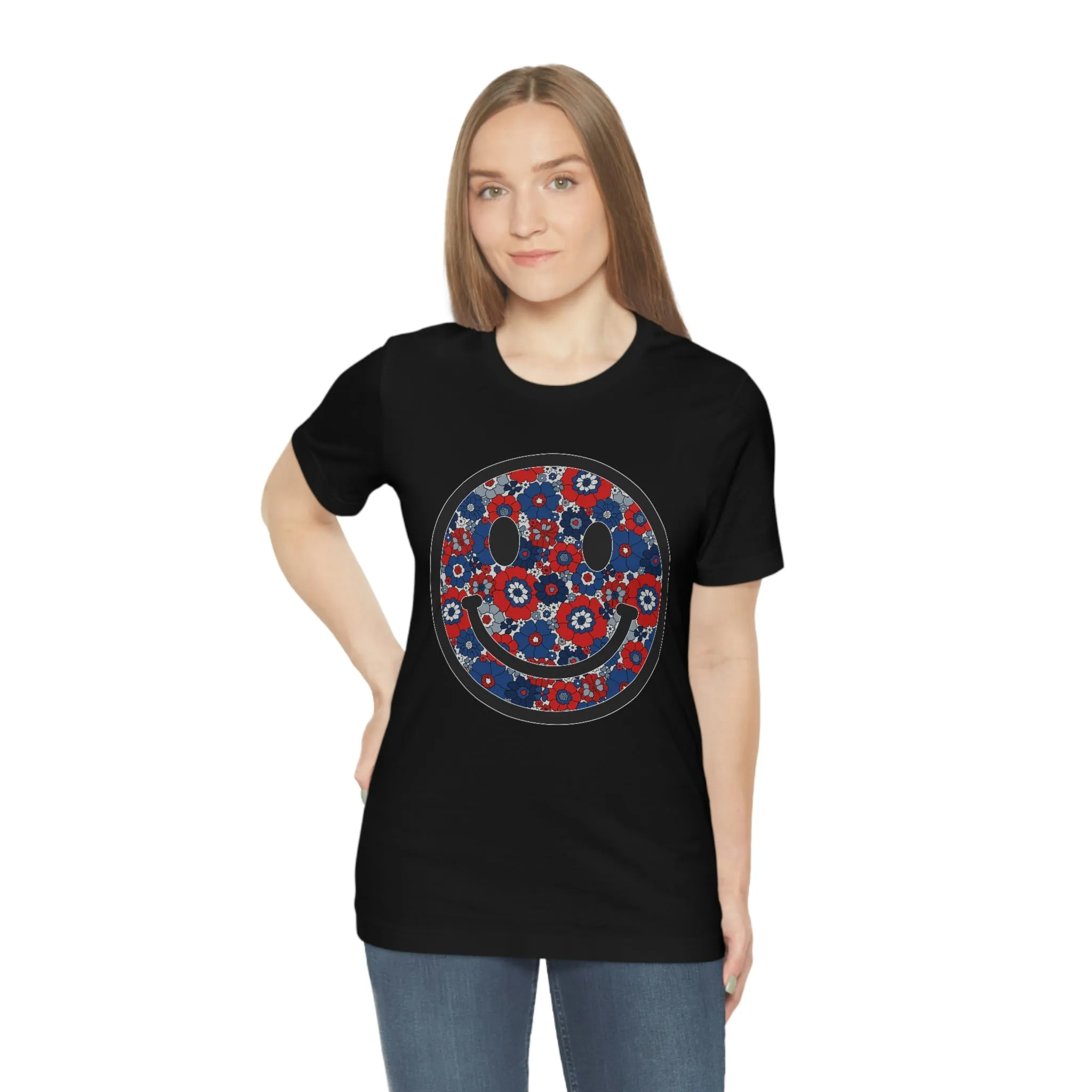 Fourth Of July Red White And Blue Floral Smiley Tee - Unisex Shirt