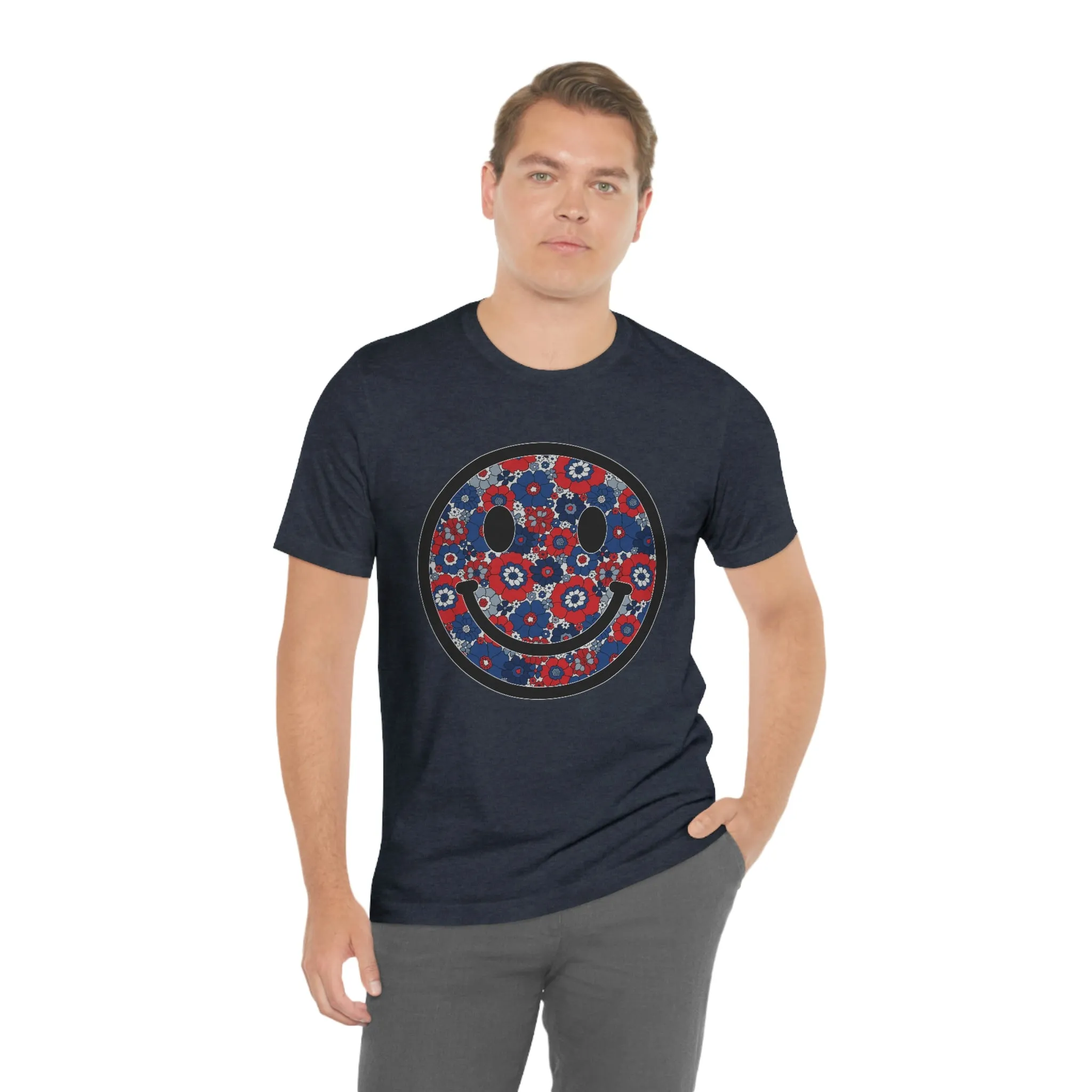 Fourth Of July Red White And Blue Floral Smiley Tee - Unisex Shirt