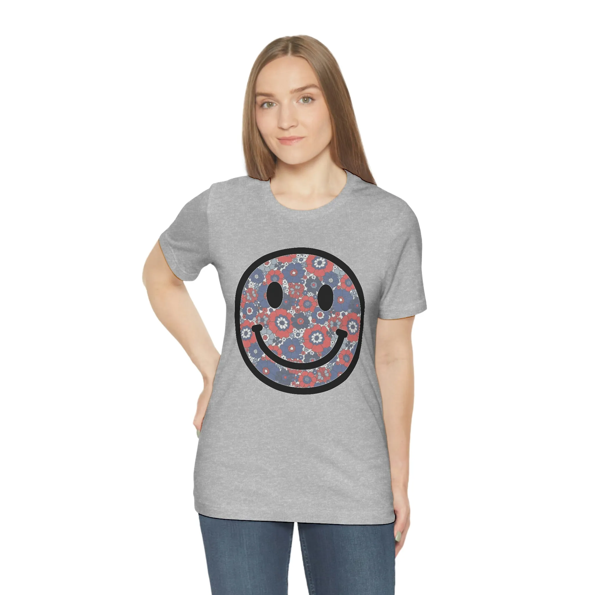 Fourth Of July Red White And Blue Floral Smiley Tee - Unisex Shirt