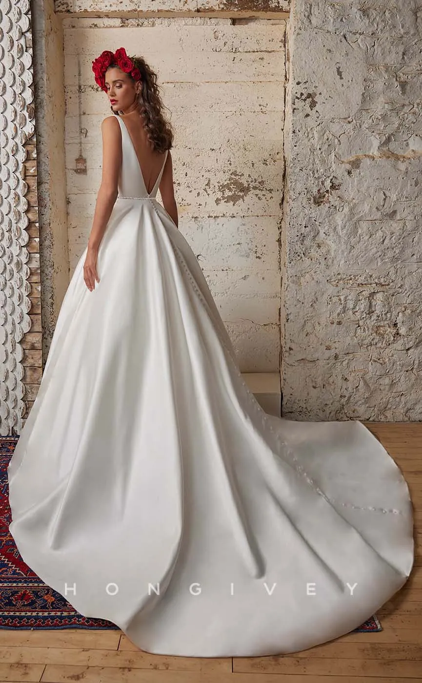 H1001 - Sexy Satin Plunging Neck Backless With Sweep Train Long Wedding Dress