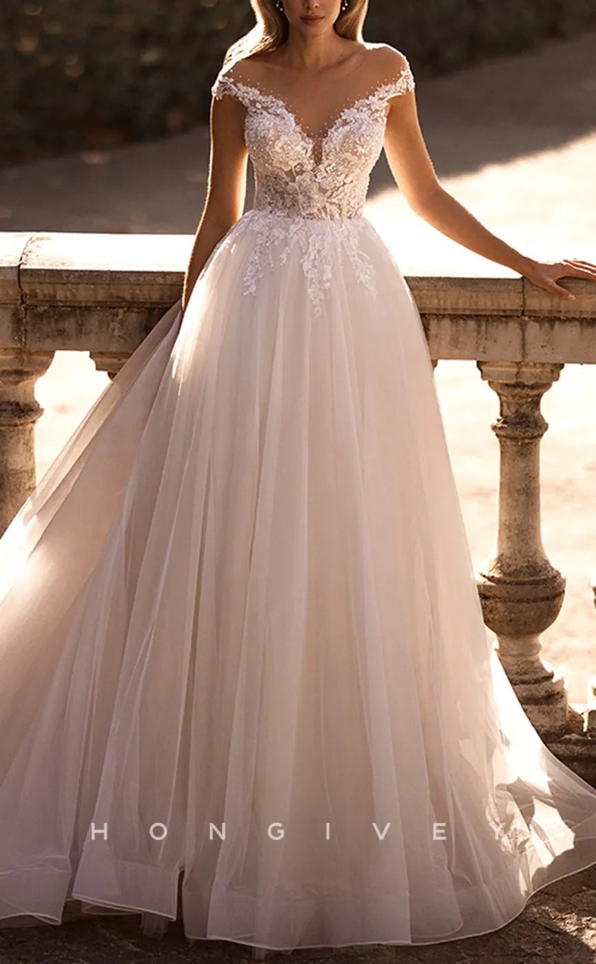 H1085 - Classic & Timeless Plunging Illusion Appliques Empire A-Line Tulle Boho Wedding Dress