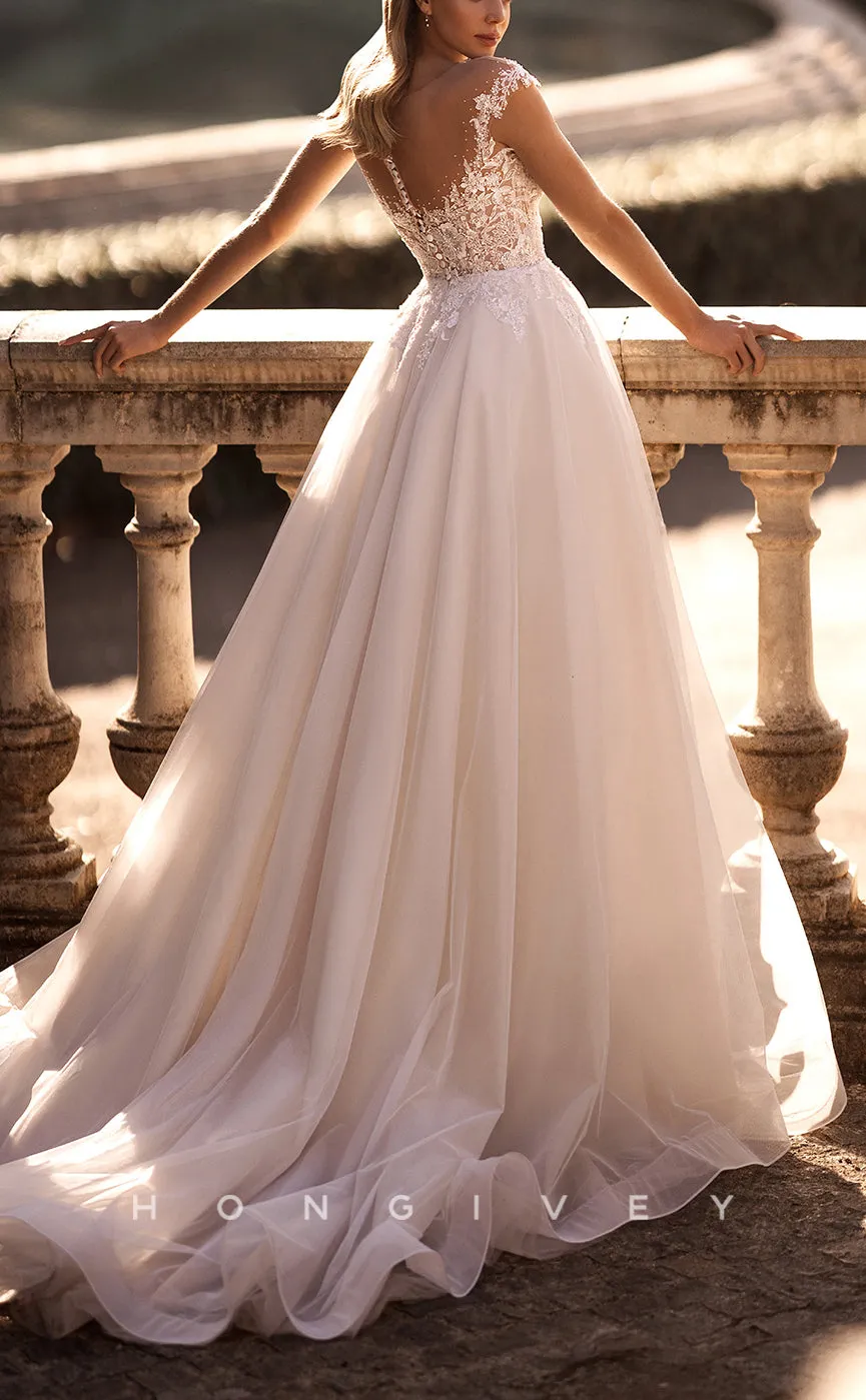 H1085 - Classic & Timeless Plunging Illusion Appliques Empire A-Line Tulle Boho Wedding Dress