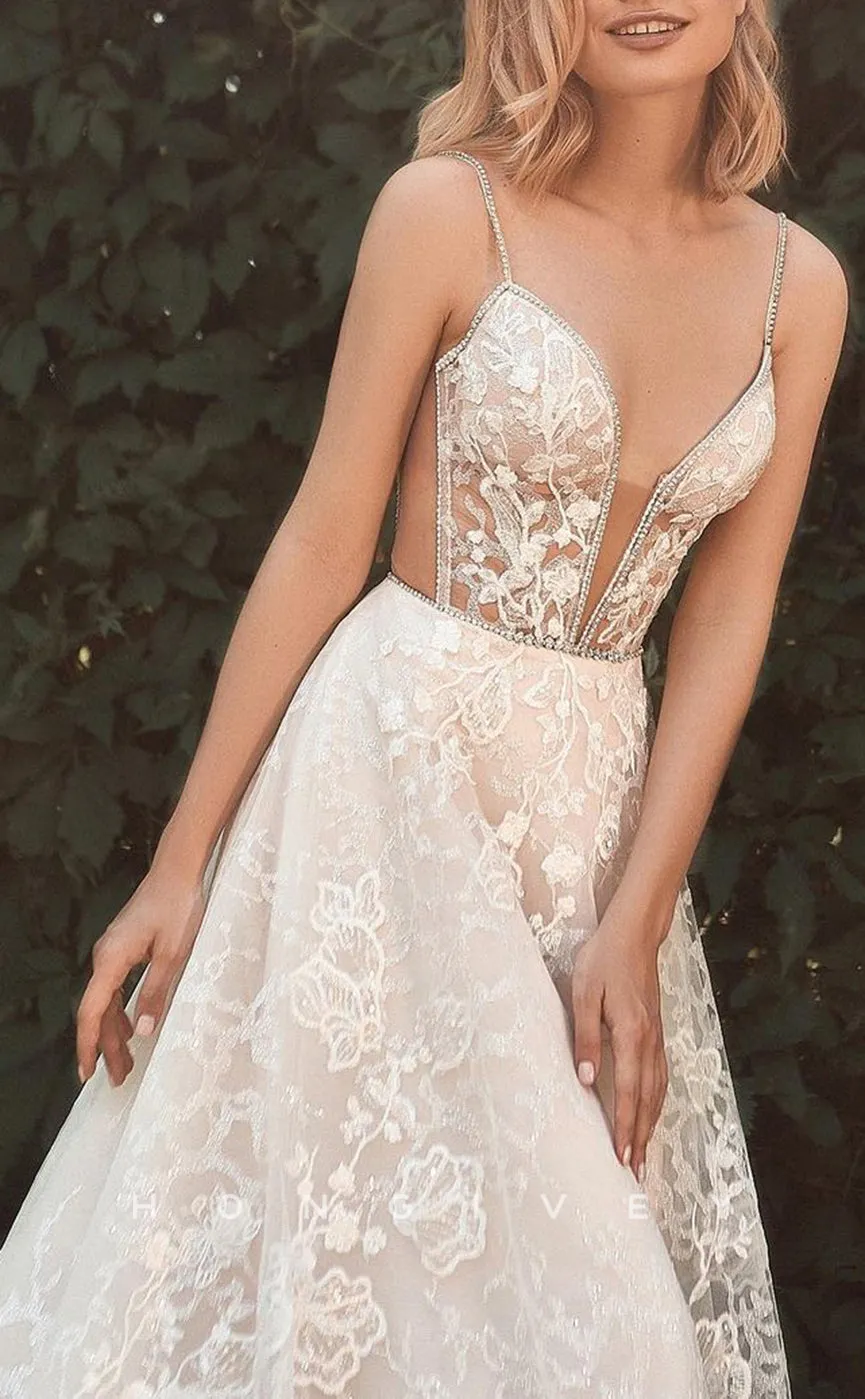 H1225 - Sexy Satin A-Line Plunging  V-Neck Spaghetti Straps Empire Beaded Appliques Wedding Dress