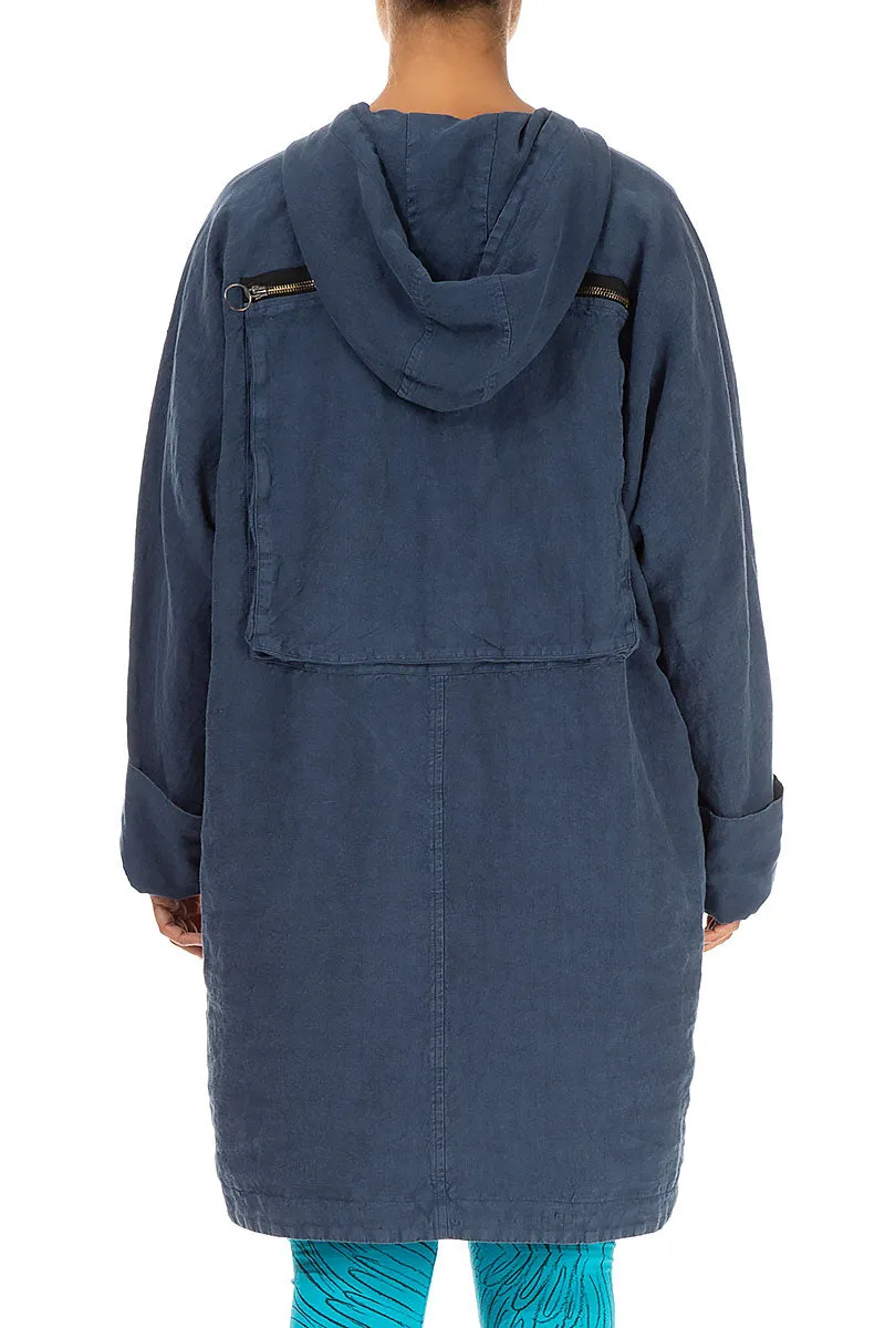 Hooded Back Pocket Denim Blue Linen Jacket