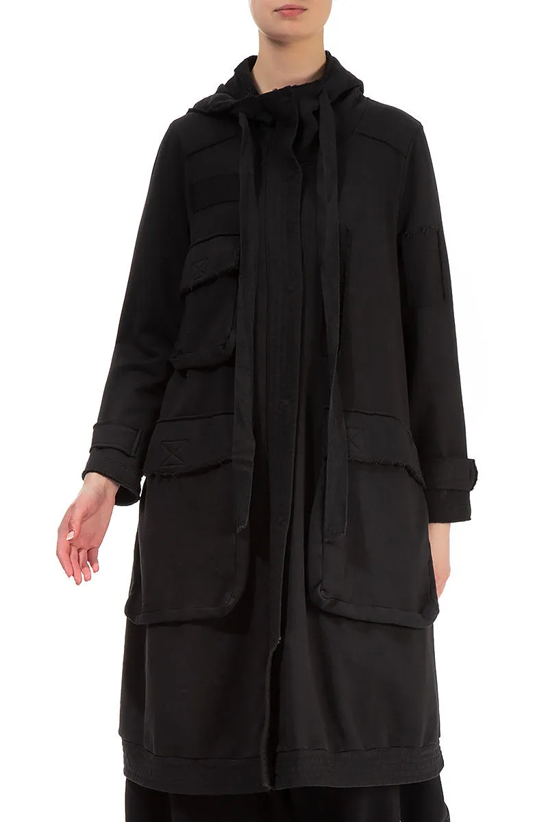 Hooded Three Pockets Black Cotton Jacket