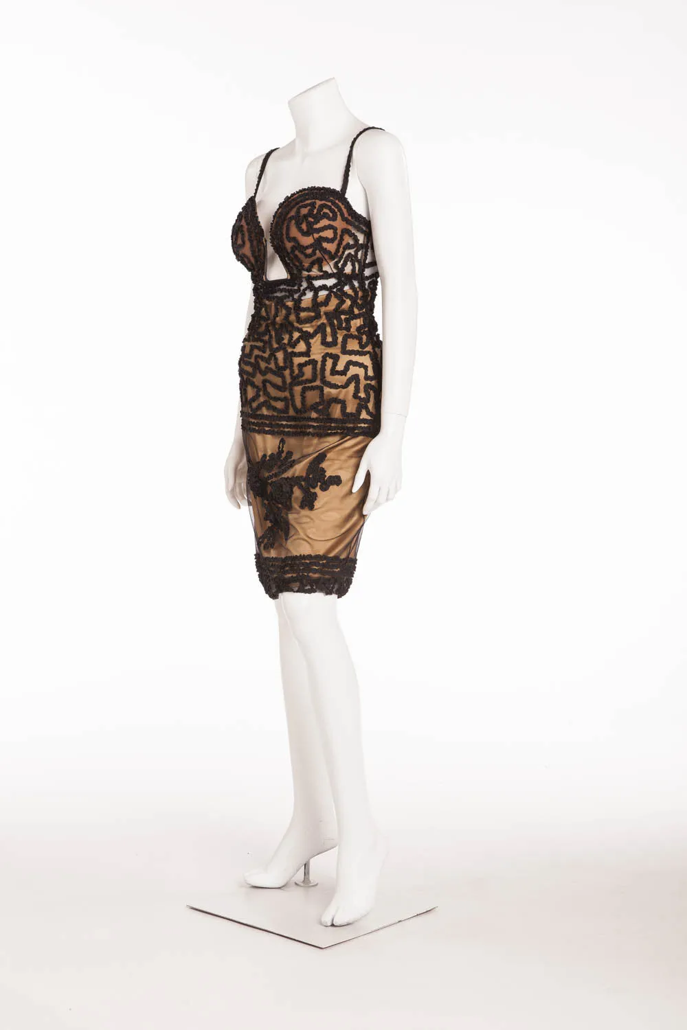 Jean Paul Gaultier for La Perla - BN Nude   Black  Rubans  Deep Plunge Dress - IT 42