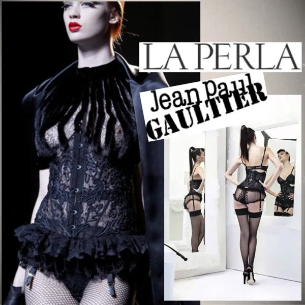 Jean Paul Gaultier for La Perla - BN Nude   Black  Rubans  Deep Plunge Dress - IT 42