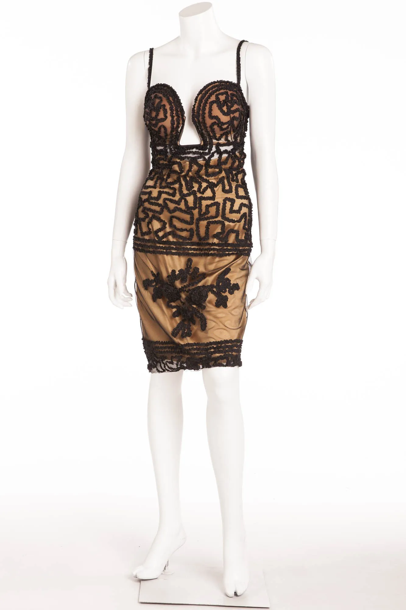 Jean Paul Gaultier for La Perla - BN Nude   Black  Rubans  Deep Plunge Dress - IT 42