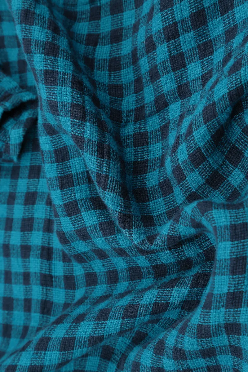 Large Side Pocket Blue Check Linen Dress