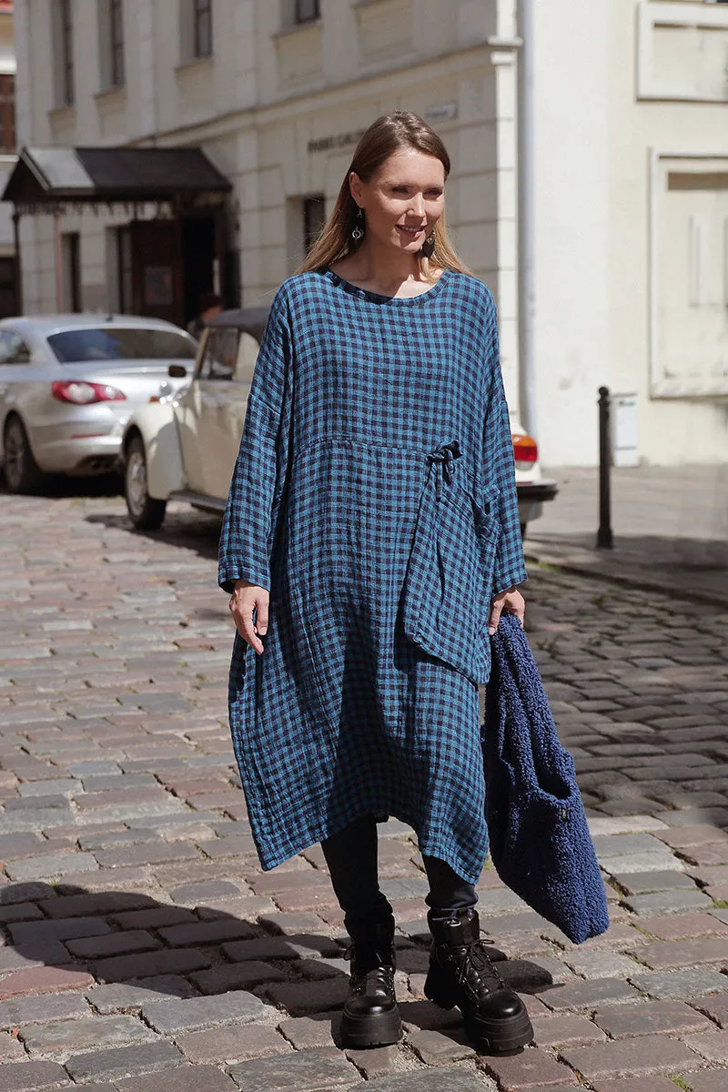 Large Side Pocket Blue Check Linen Dress