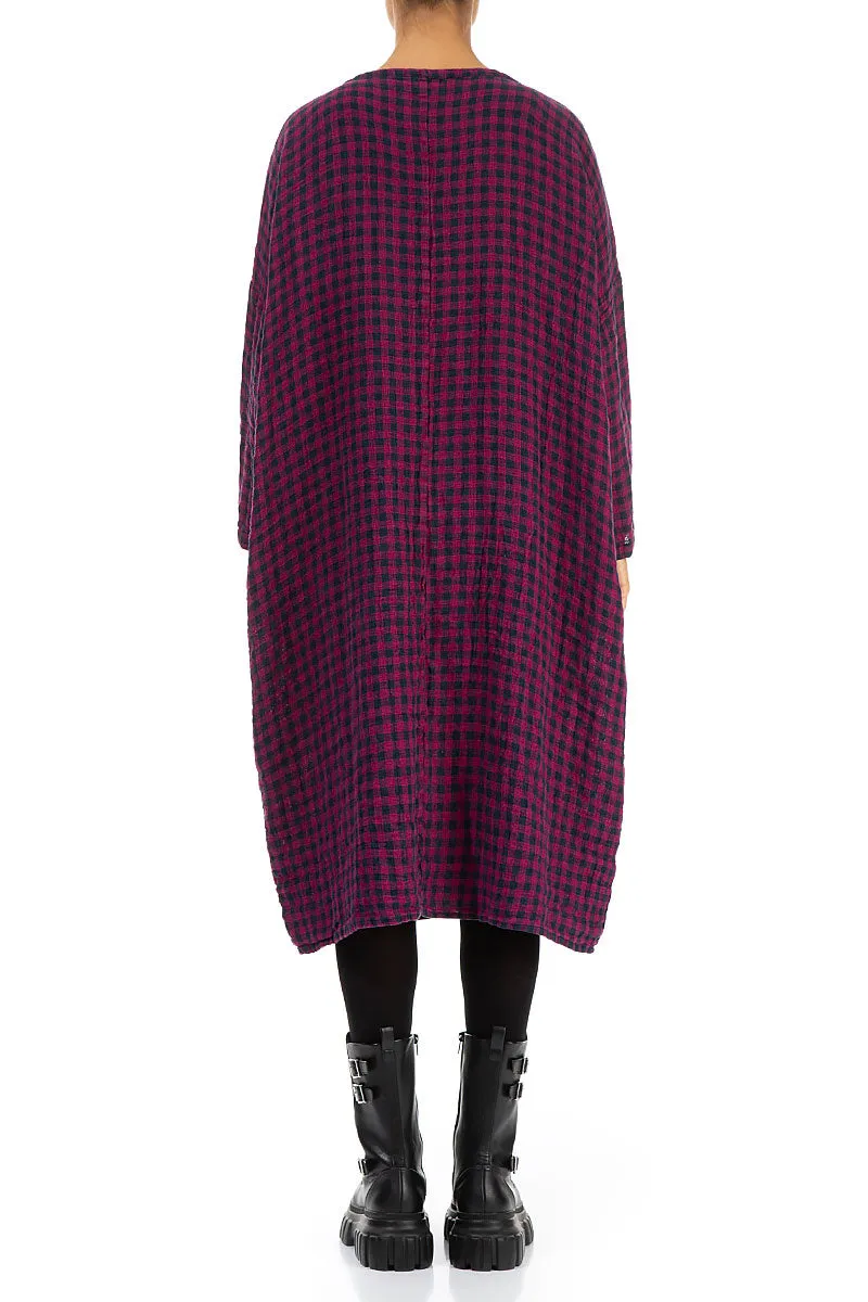 Large Side Pocket Magenta Check Linen Dress